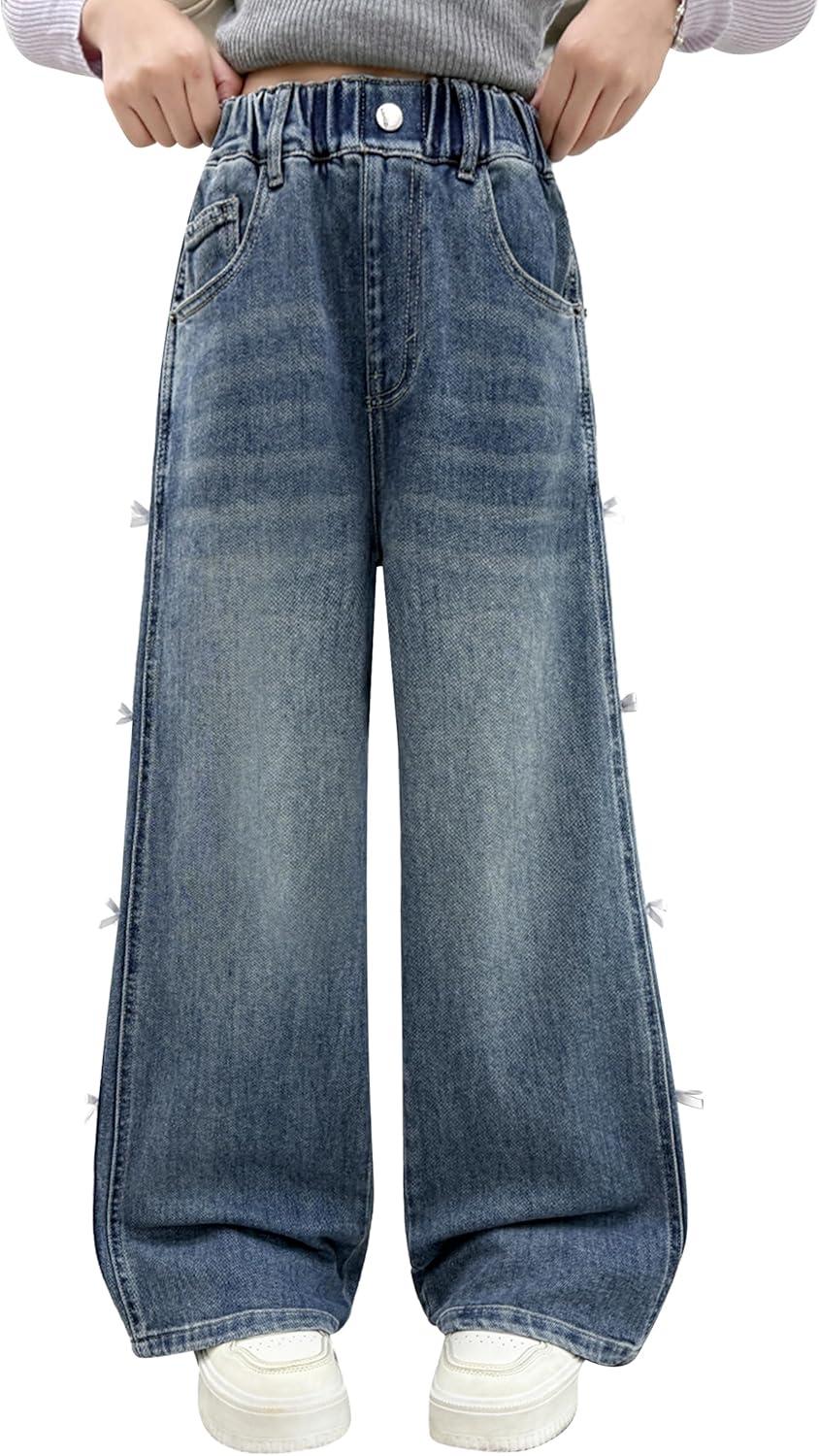 imageRolanko Girls Baggy Jeans Distressed Denim Pants Elastic Waist Wide Leg Jeans for Girls Kids Loose Fit 414 YearsRibbonbow
