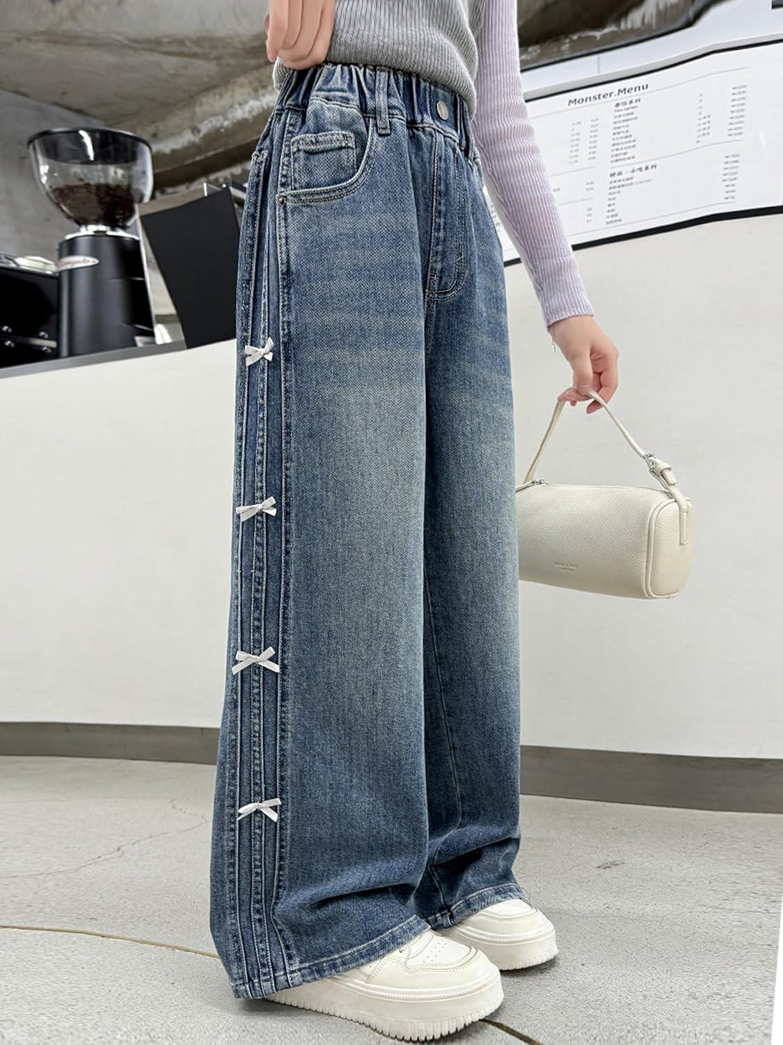 imageRolanko Girls Baggy Jeans Distressed Denim Pants Elastic Waist Wide Leg Jeans for Girls Kids Loose Fit 414 YearsRibbonbow