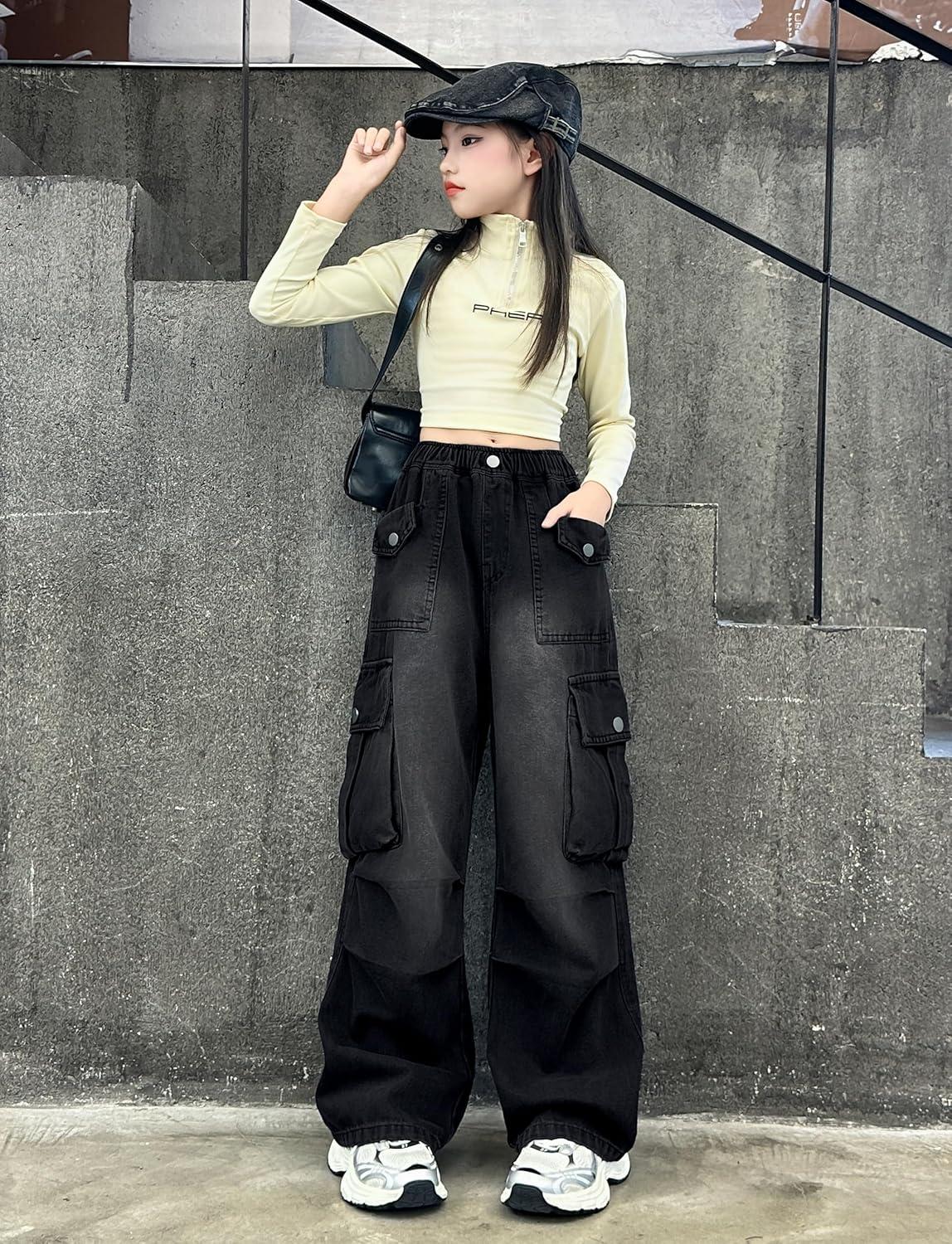 imageRolanko Girls Cargo Pants Baggy Y2K Cargo Trousers Jeans Wide Leg Pants with Multi Pockets 415 YearsBlackkneeruffles