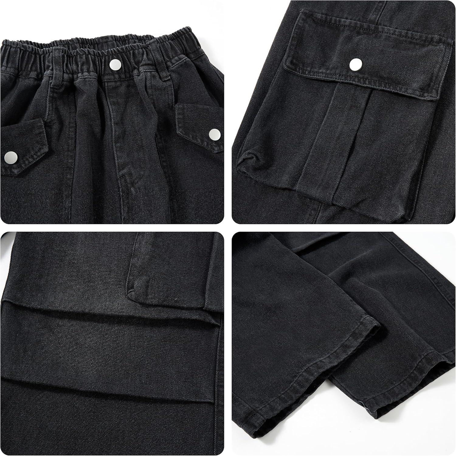imageRolanko Girls Cargo Pants Baggy Y2K Cargo Trousers Jeans Wide Leg Pants with Multi Pockets 415 YearsBlackkneeruffles