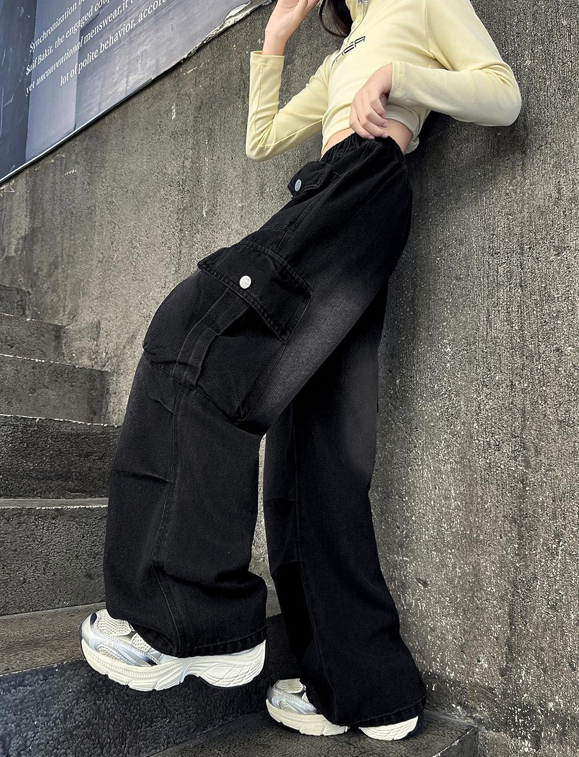 imageRolanko Girls Cargo Pants Baggy Y2K Cargo Trousers Jeans Wide Leg Pants with Multi Pockets 415 YearsBlackkneeruffles