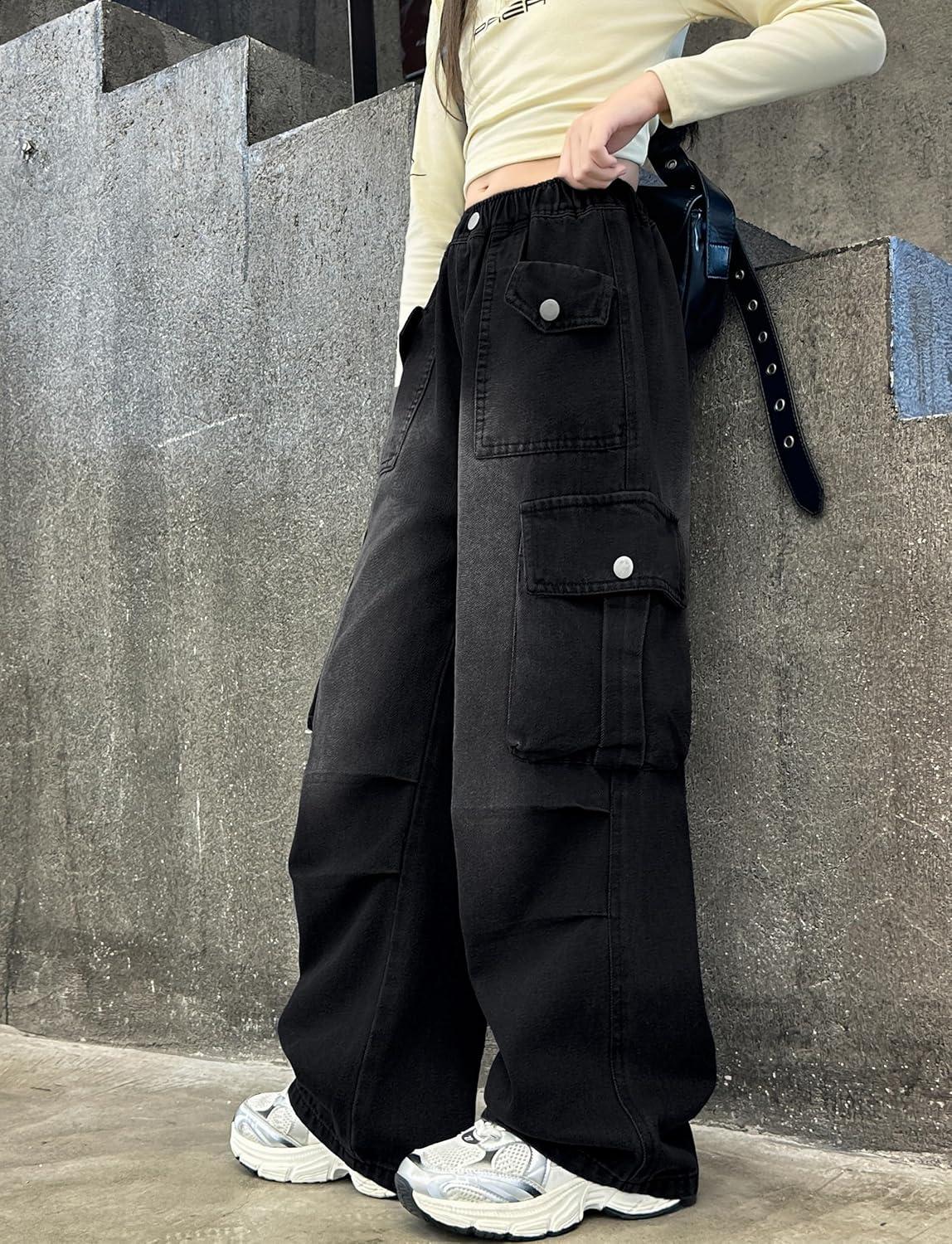 imageRolanko Girls Cargo Pants Baggy Y2K Cargo Trousers Jeans Wide Leg Pants with Multi Pockets 415 YearsBlackkneeruffles