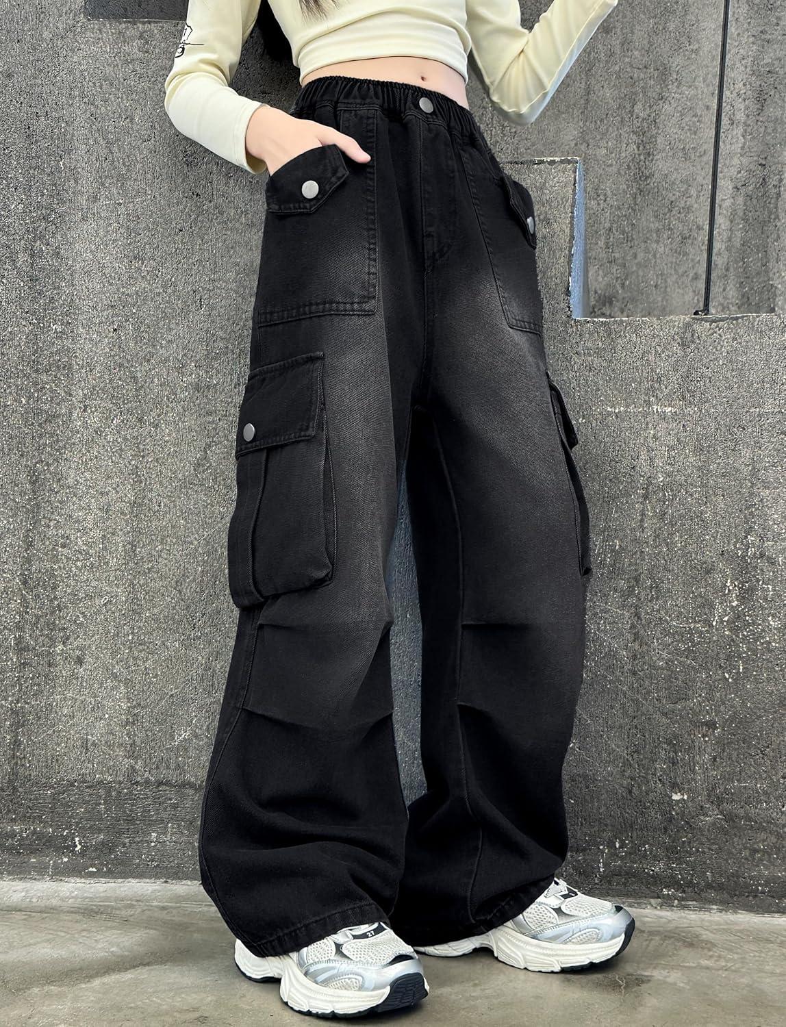 imageRolanko Girls Cargo Pants Baggy Y2K Cargo Trousers Jeans Wide Leg Pants with Multi Pockets 415 YearsBlackkneeruffles
