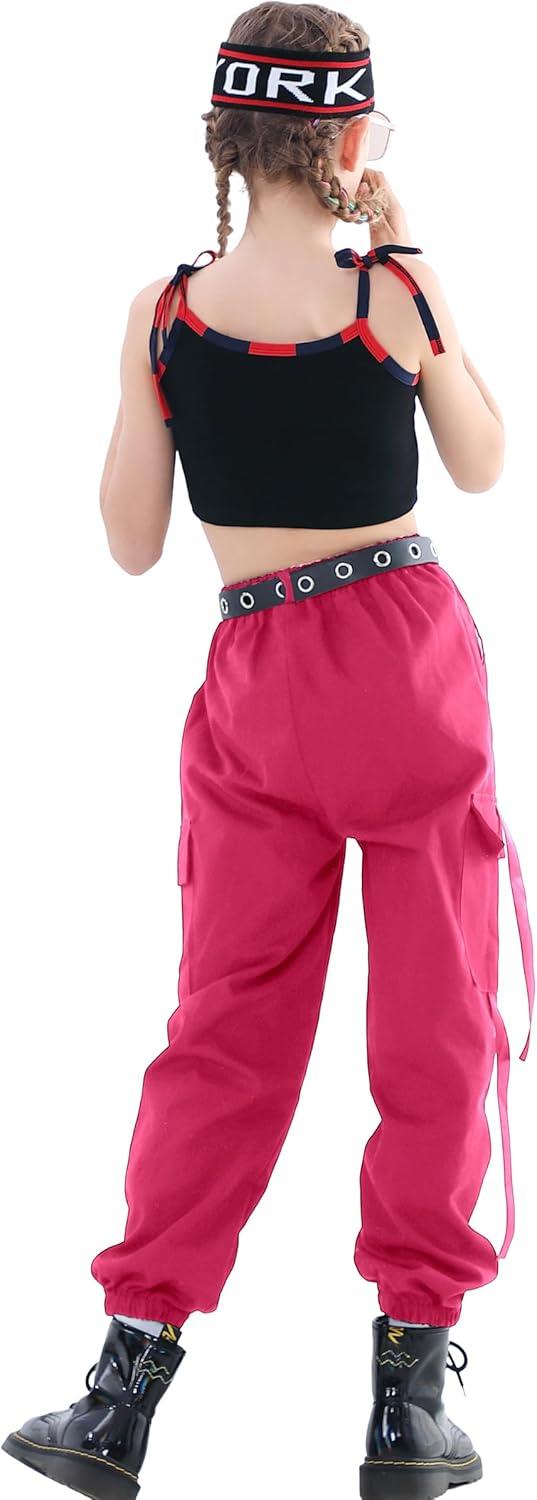 imageRolanko Girls Cargo Pants for Kids Loose Streetwear Hip Hop Dance Cotton Cargo Jogger Pants for Kids 415 YearsNrose