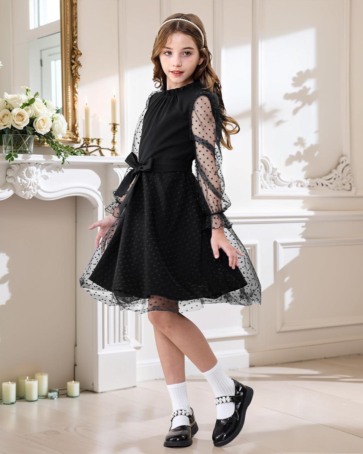 imageRolanko Girls Contrast Mesh Dress with Belt Puff Long Sleeve ALine Polka Dot Tulle Party DressesBlack