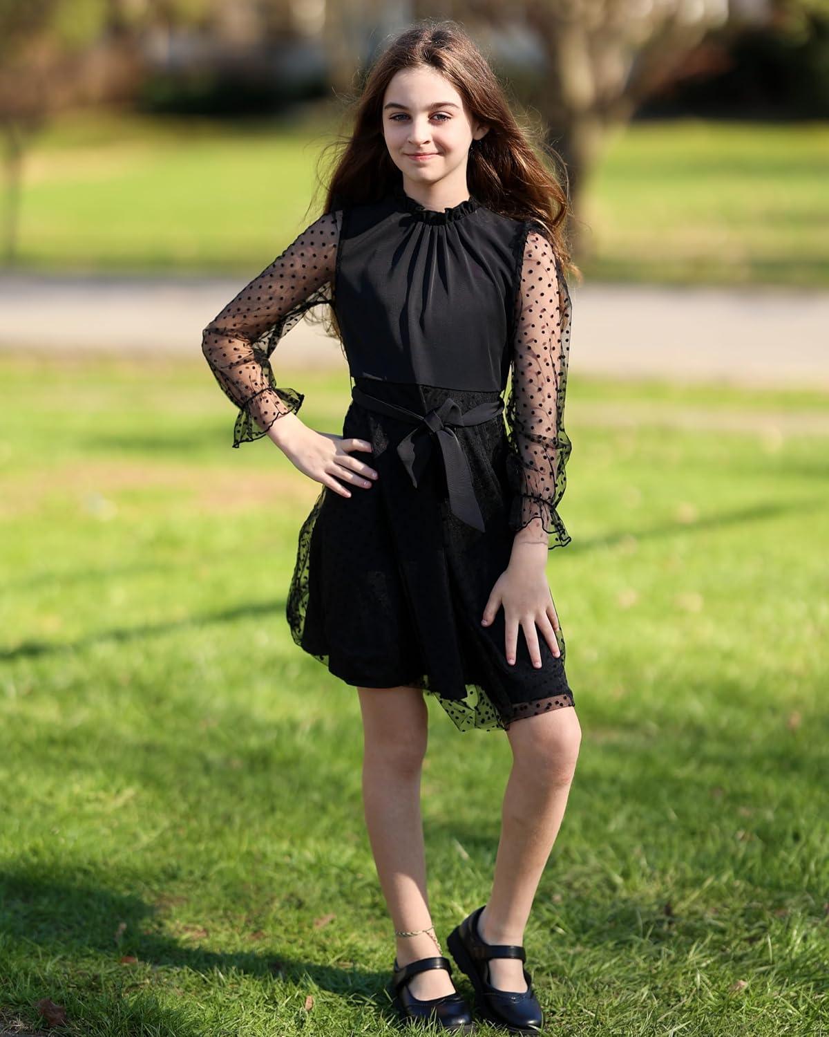 imageRolanko Girls Contrast Mesh Dress with Belt Puff Long Sleeve ALine Polka Dot Tulle Party DressesBlack