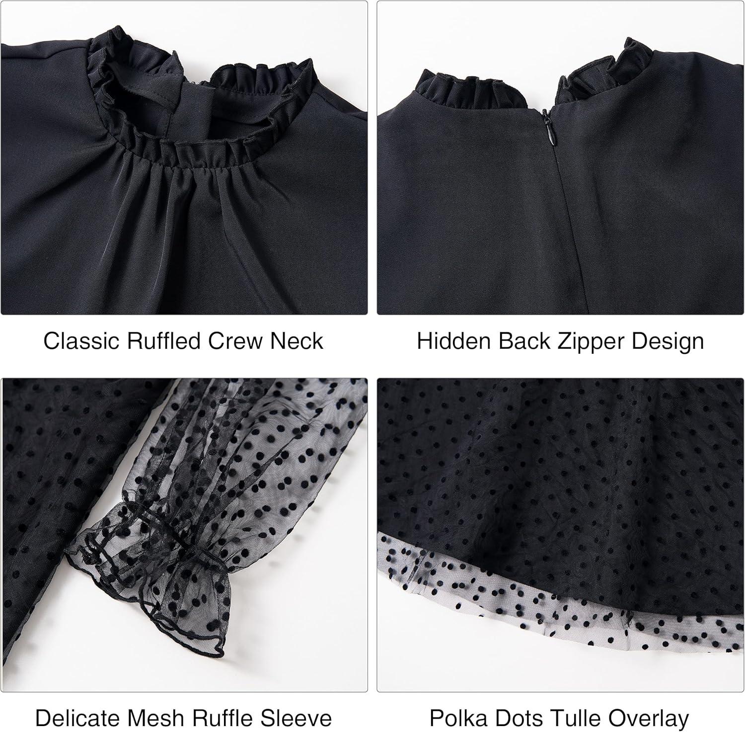 imageRolanko Girls Contrast Mesh Dress with Belt Puff Long Sleeve ALine Polka Dot Tulle Party DressesBlack