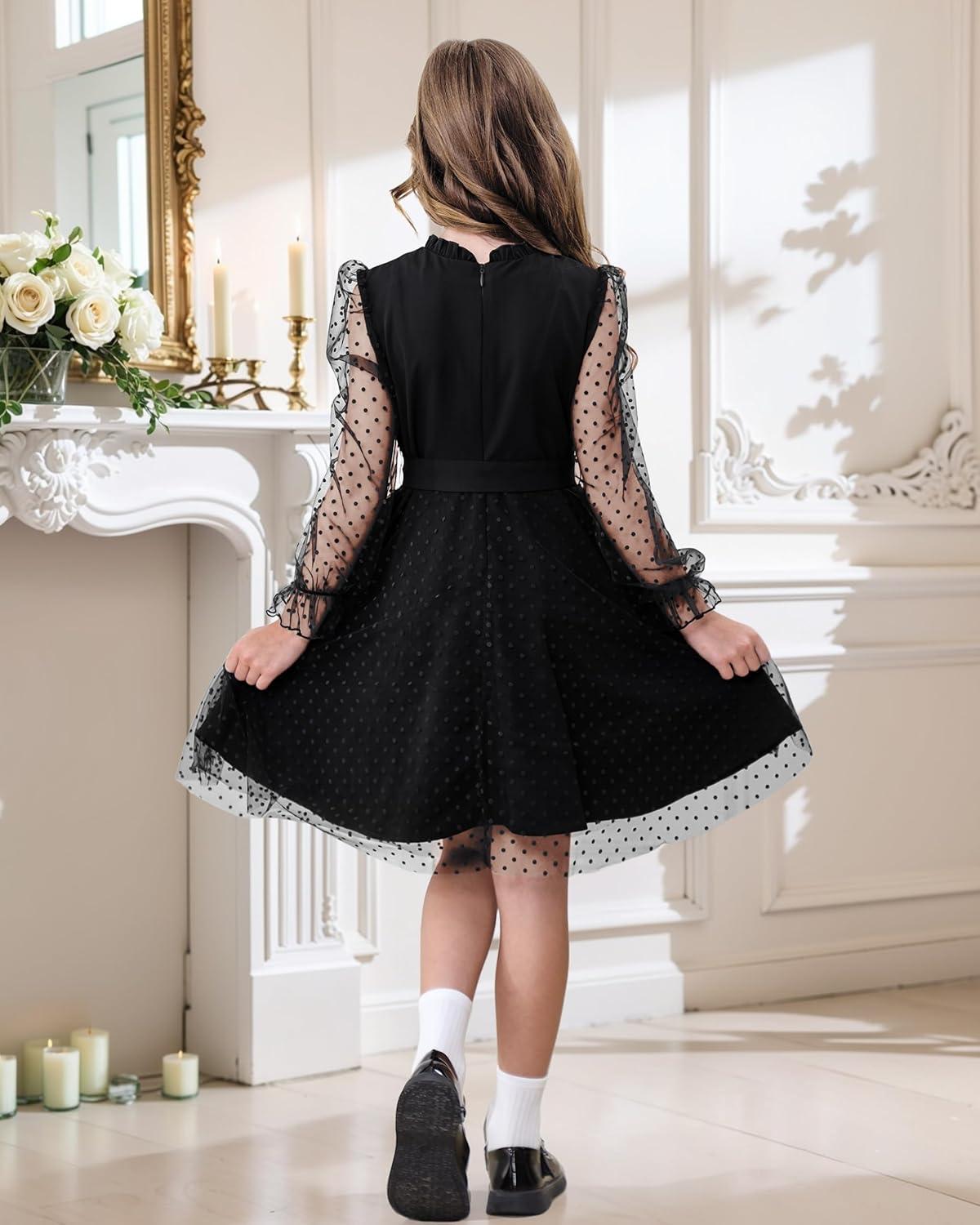 imageRolanko Girls Contrast Mesh Dress with Belt Puff Long Sleeve ALine Polka Dot Tulle Party DressesBlack