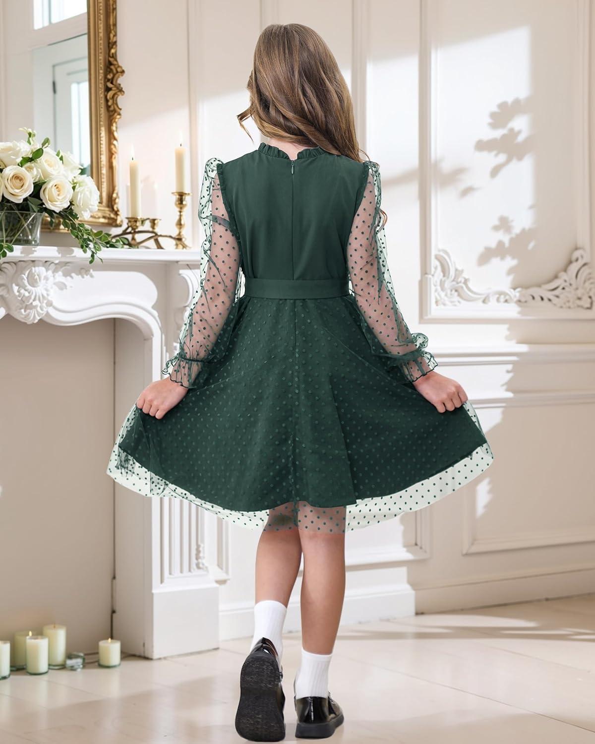 imageRolanko Girls Contrast Mesh Dress with Belt Puff Long Sleeve ALine Polka Dot Tulle Party DressesDark Green