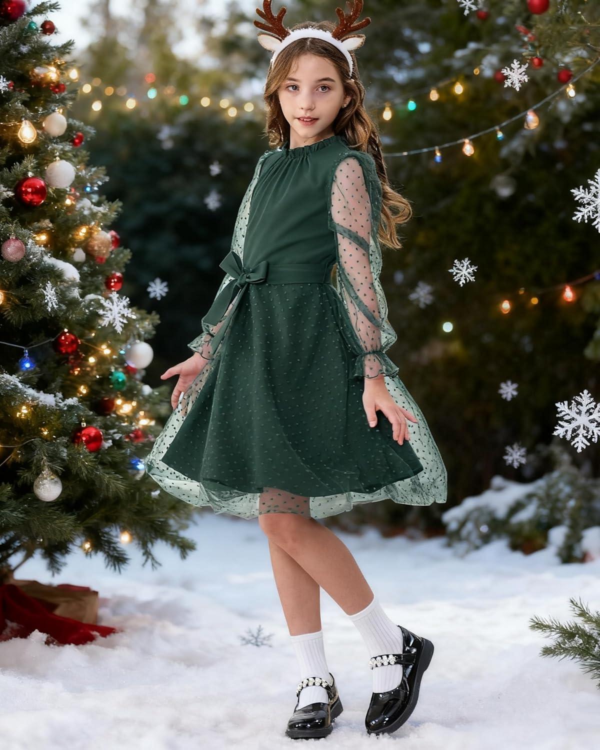imageRolanko Girls Contrast Mesh Dress with Belt Puff Long Sleeve ALine Polka Dot Tulle Party DressesDark Green