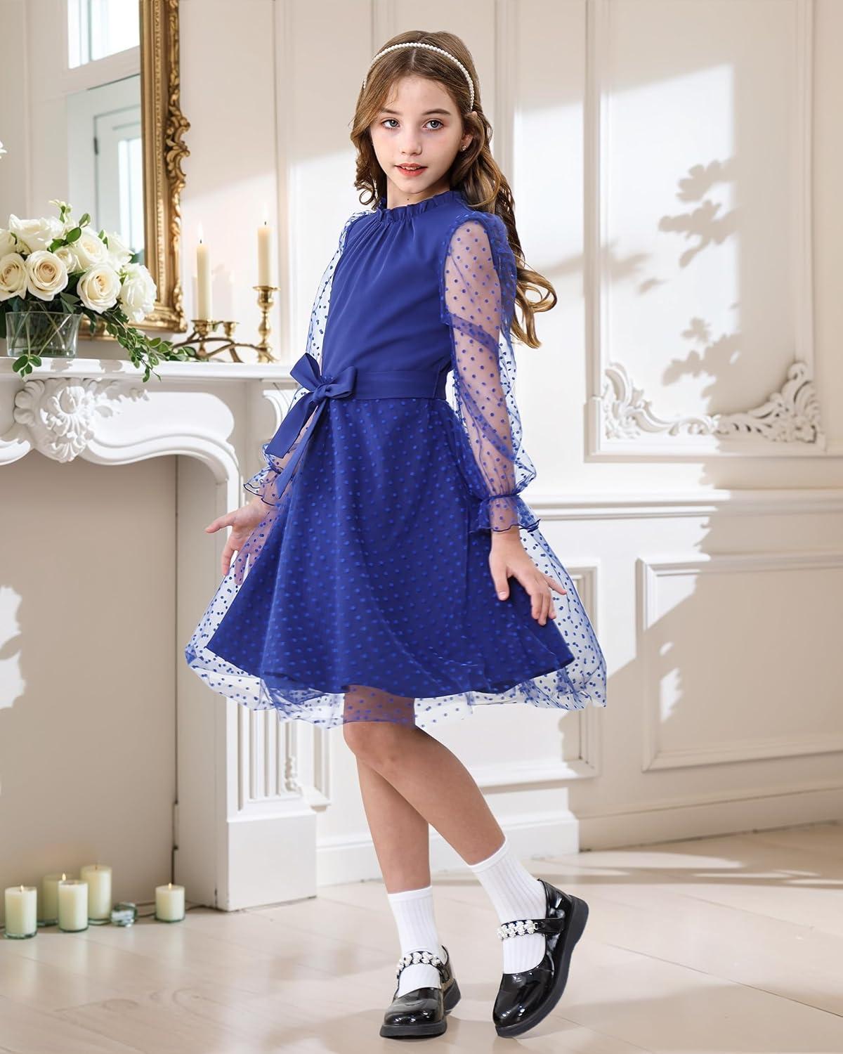 imageRolanko Girls Contrast Mesh Dress with Belt Puff Long Sleeve ALine Polka Dot Tulle Party DressesNavy
