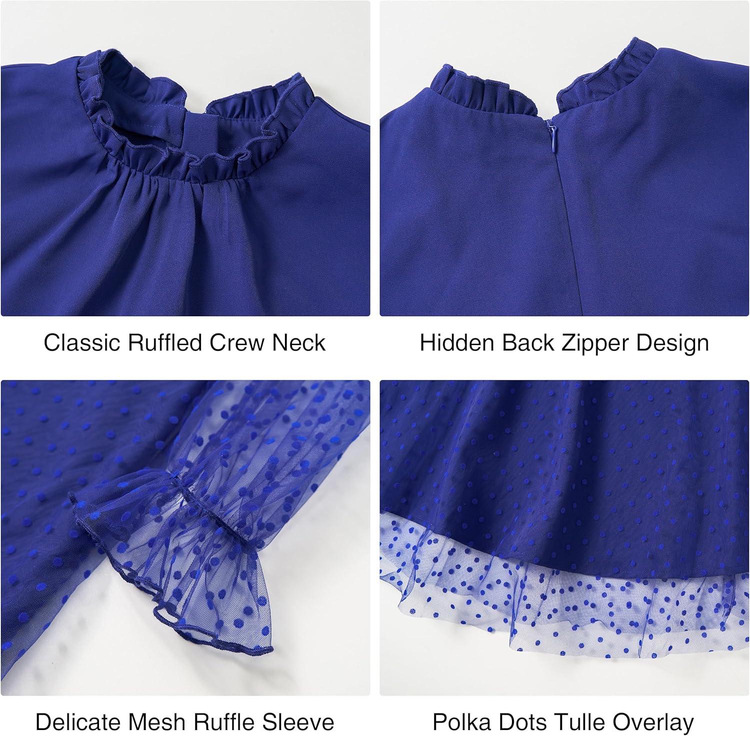 imageRolanko Girls Contrast Mesh Dress with Belt Puff Long Sleeve ALine Polka Dot Tulle Party DressesNavy