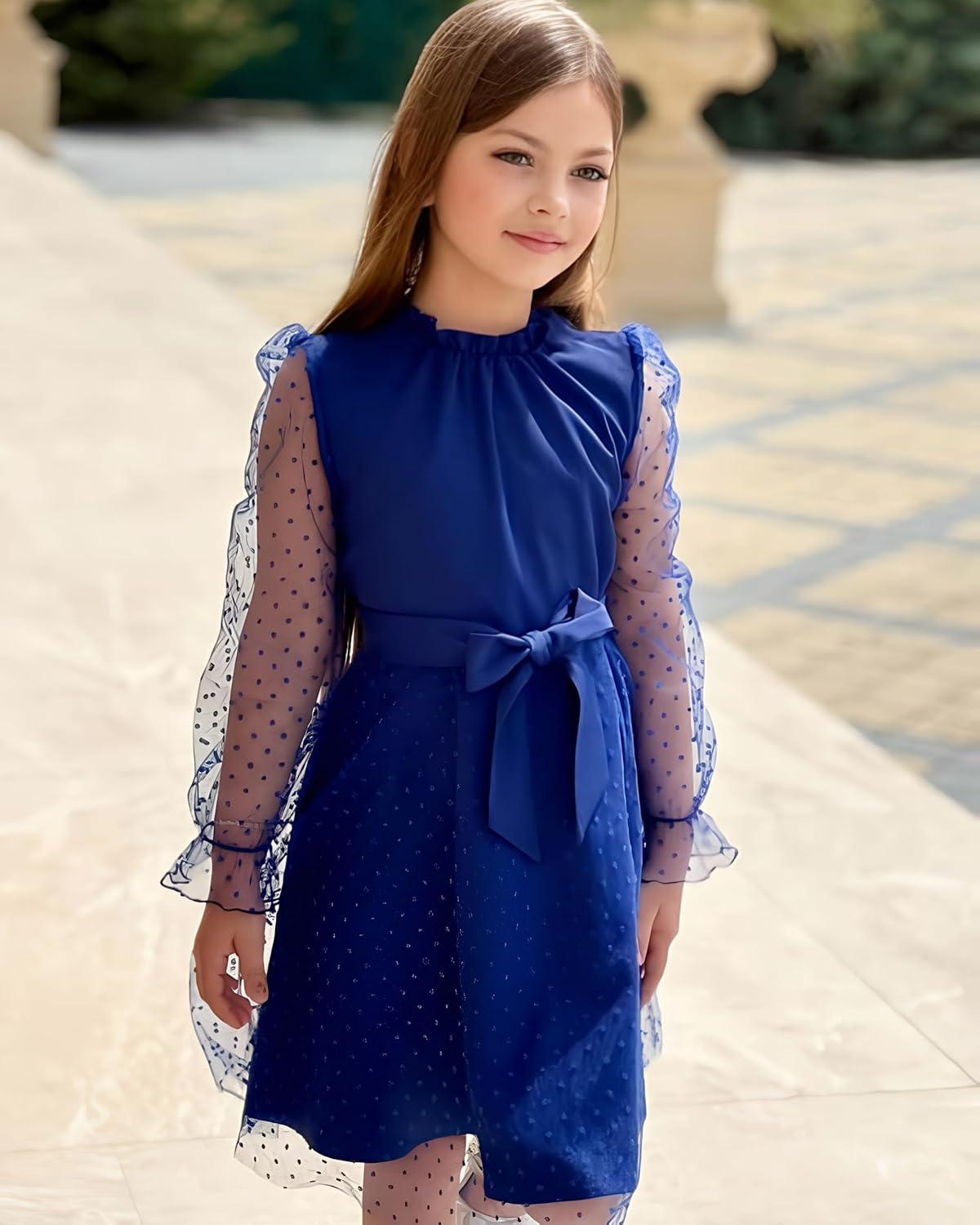 imageRolanko Girls Contrast Mesh Dress with Belt Puff Long Sleeve ALine Polka Dot Tulle Party DressesNavy