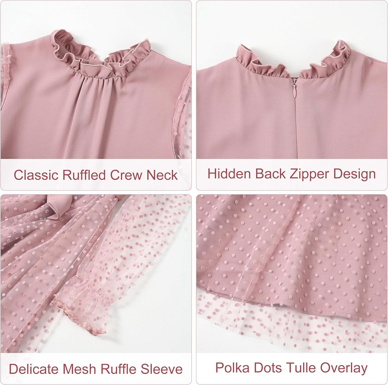 imageRolanko Girls Contrast Mesh Dress with Belt Puff Long Sleeve ALine Polka Dot Tulle Party DressesPink