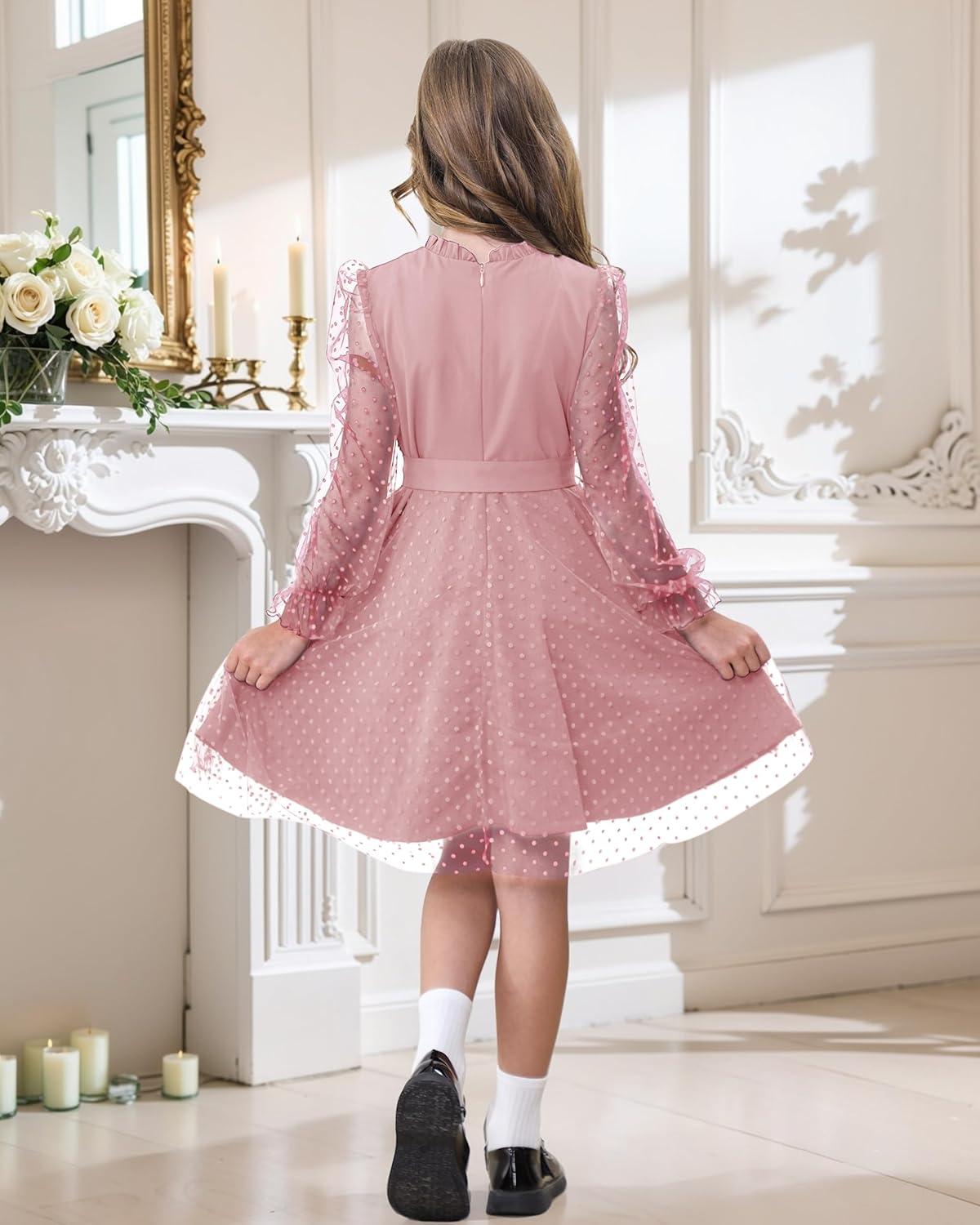 imageRolanko Girls Contrast Mesh Dress with Belt Puff Long Sleeve ALine Polka Dot Tulle Party DressesPink