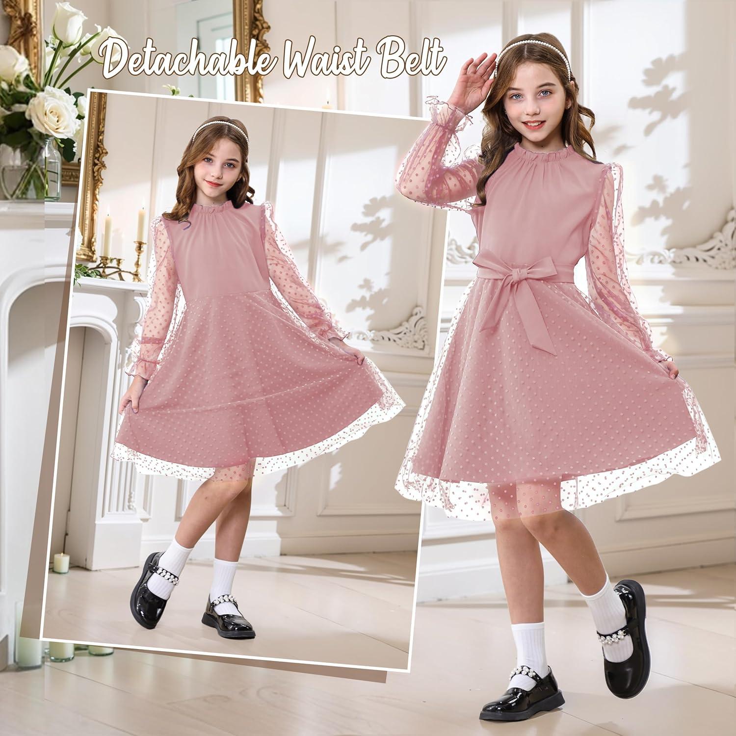 imageRolanko Girls Contrast Mesh Dress with Belt Puff Long Sleeve ALine Polka Dot Tulle Party DressesPink