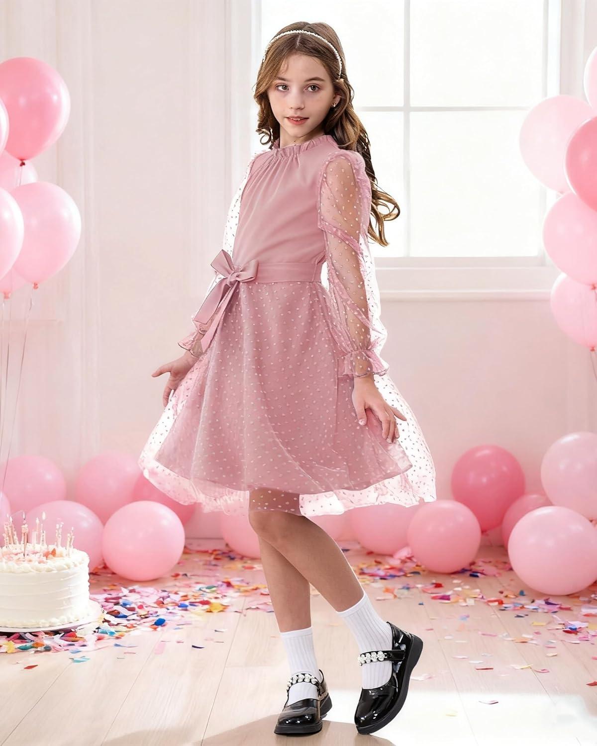 imageRolanko Girls Contrast Mesh Dress with Belt Puff Long Sleeve ALine Polka Dot Tulle Party DressesPink
