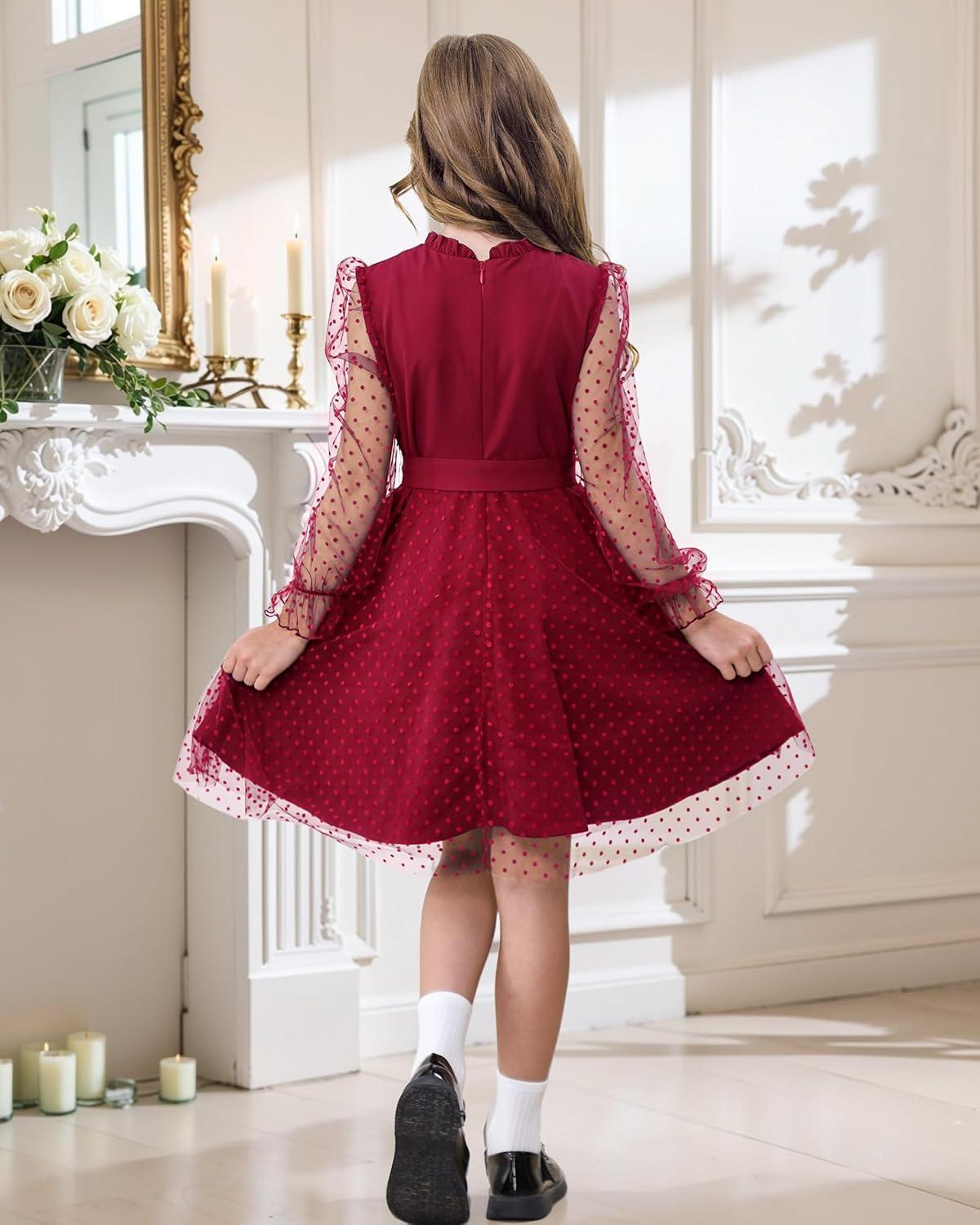 imageRolanko Girls Contrast Mesh Dress with Belt Puff Long Sleeve ALine Polka Dot Tulle Party DressesRed