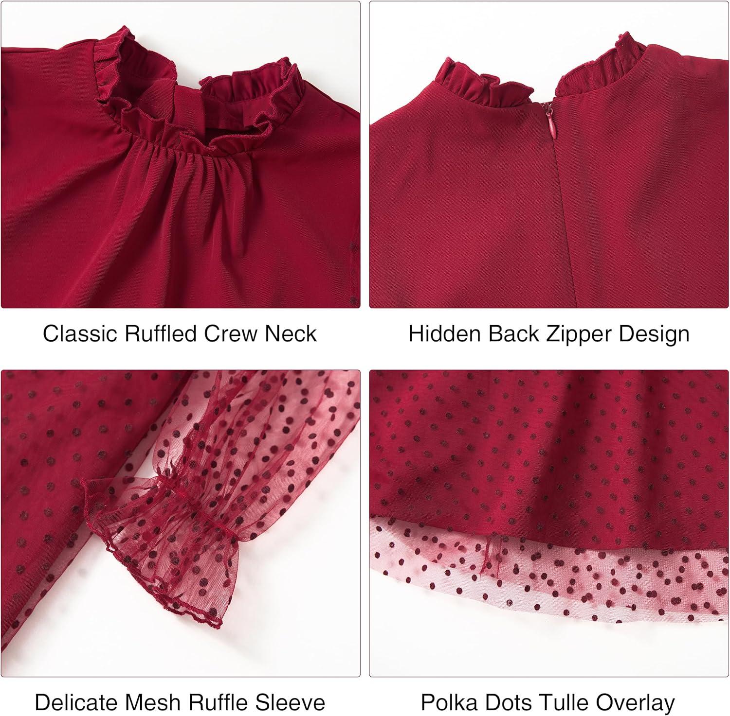 imageRolanko Girls Contrast Mesh Dress with Belt Puff Long Sleeve ALine Polka Dot Tulle Party DressesRed