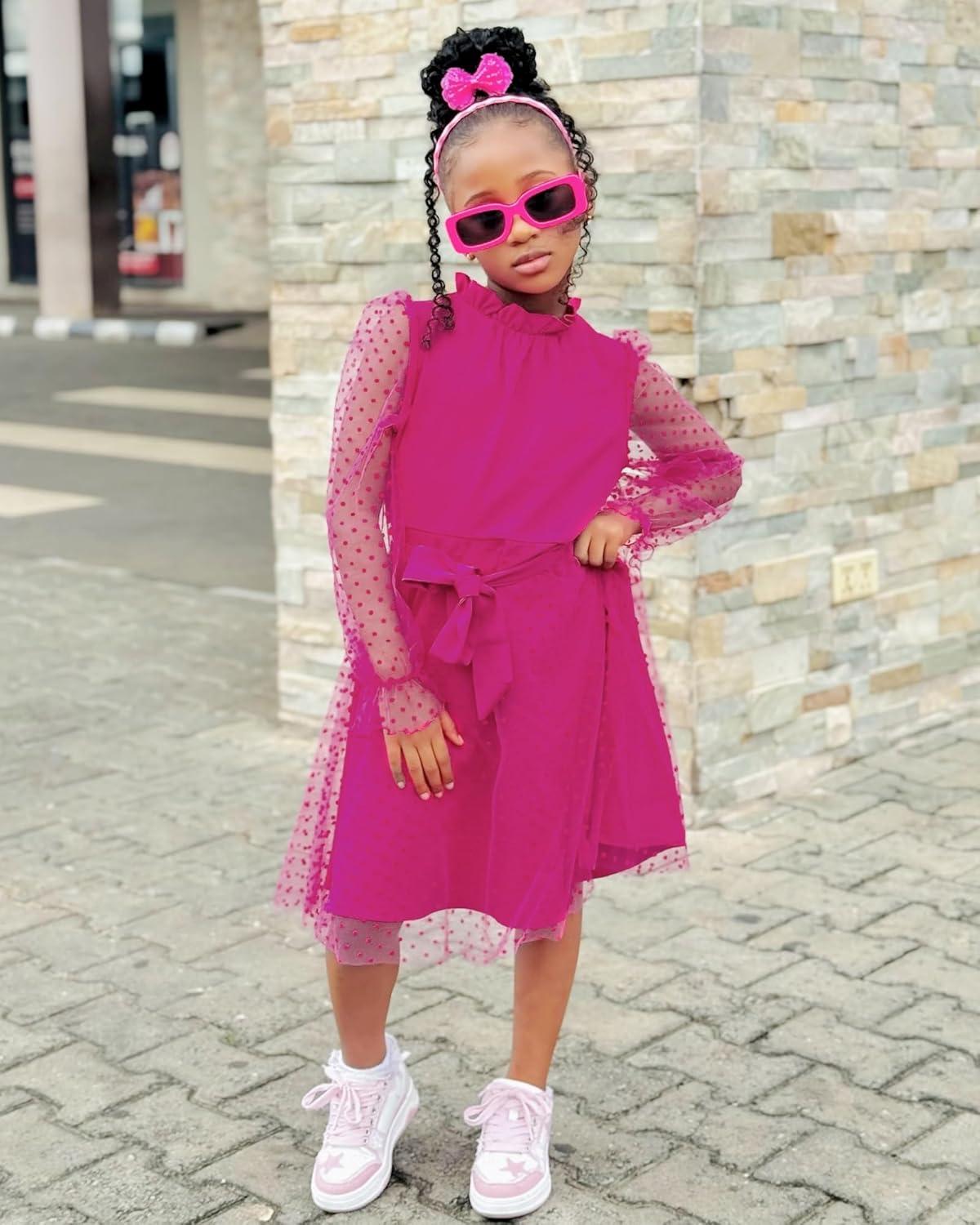 imageRolanko Girls Contrast Mesh Dress with Belt Puff Long Sleeve ALine Polka Dot Tulle Party DressesRose