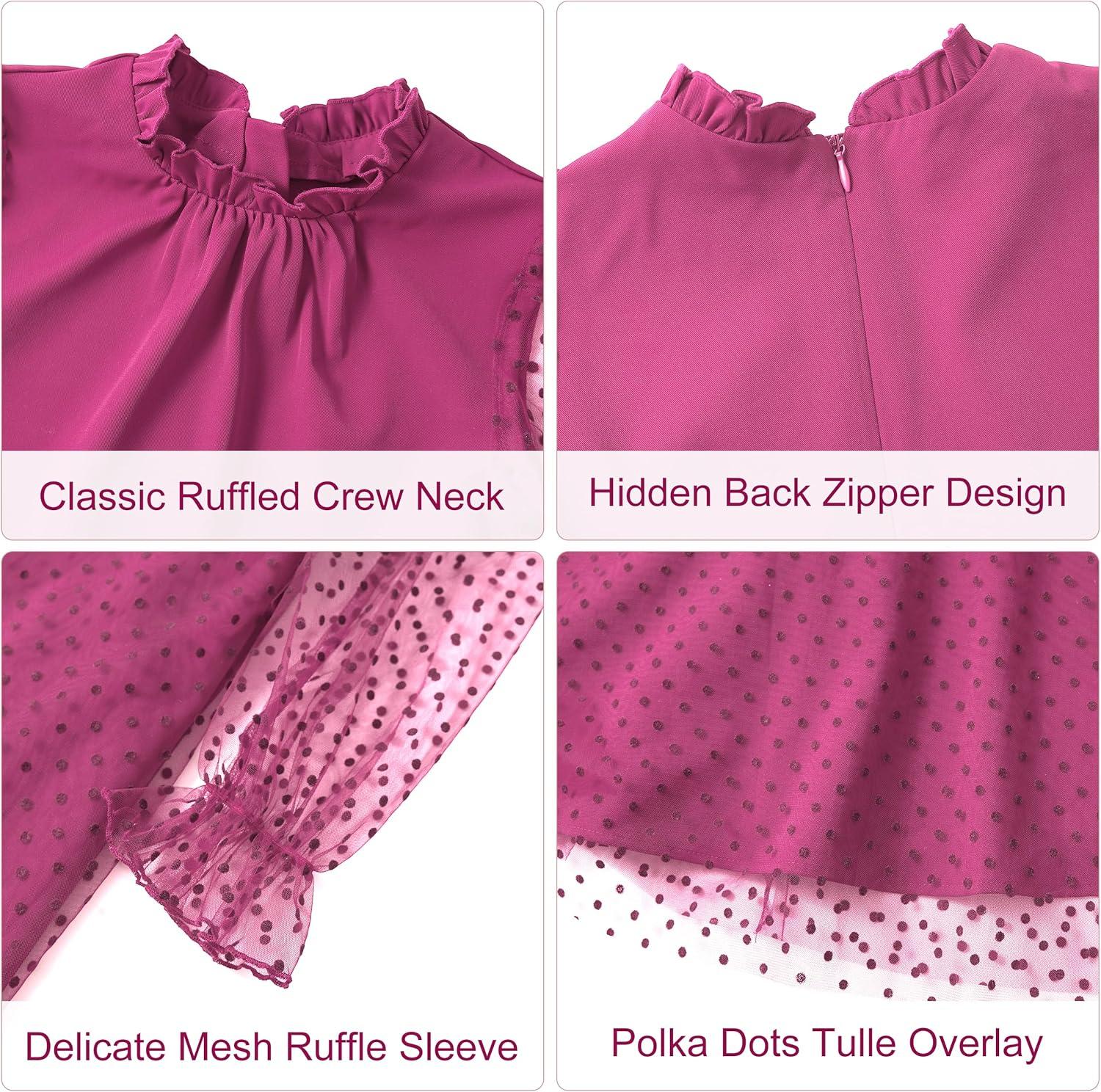 imageRolanko Girls Contrast Mesh Dress with Belt Puff Long Sleeve ALine Polka Dot Tulle Party DressesRose