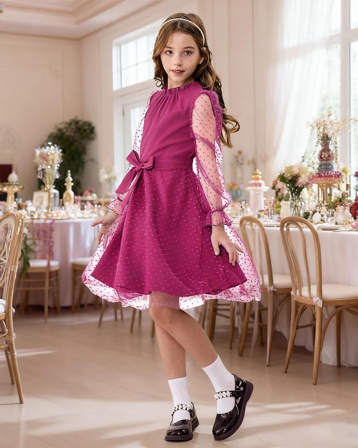 imageRolanko Girls Contrast Mesh Dress with Belt Puff Long Sleeve ALine Polka Dot Tulle Party DressesRose