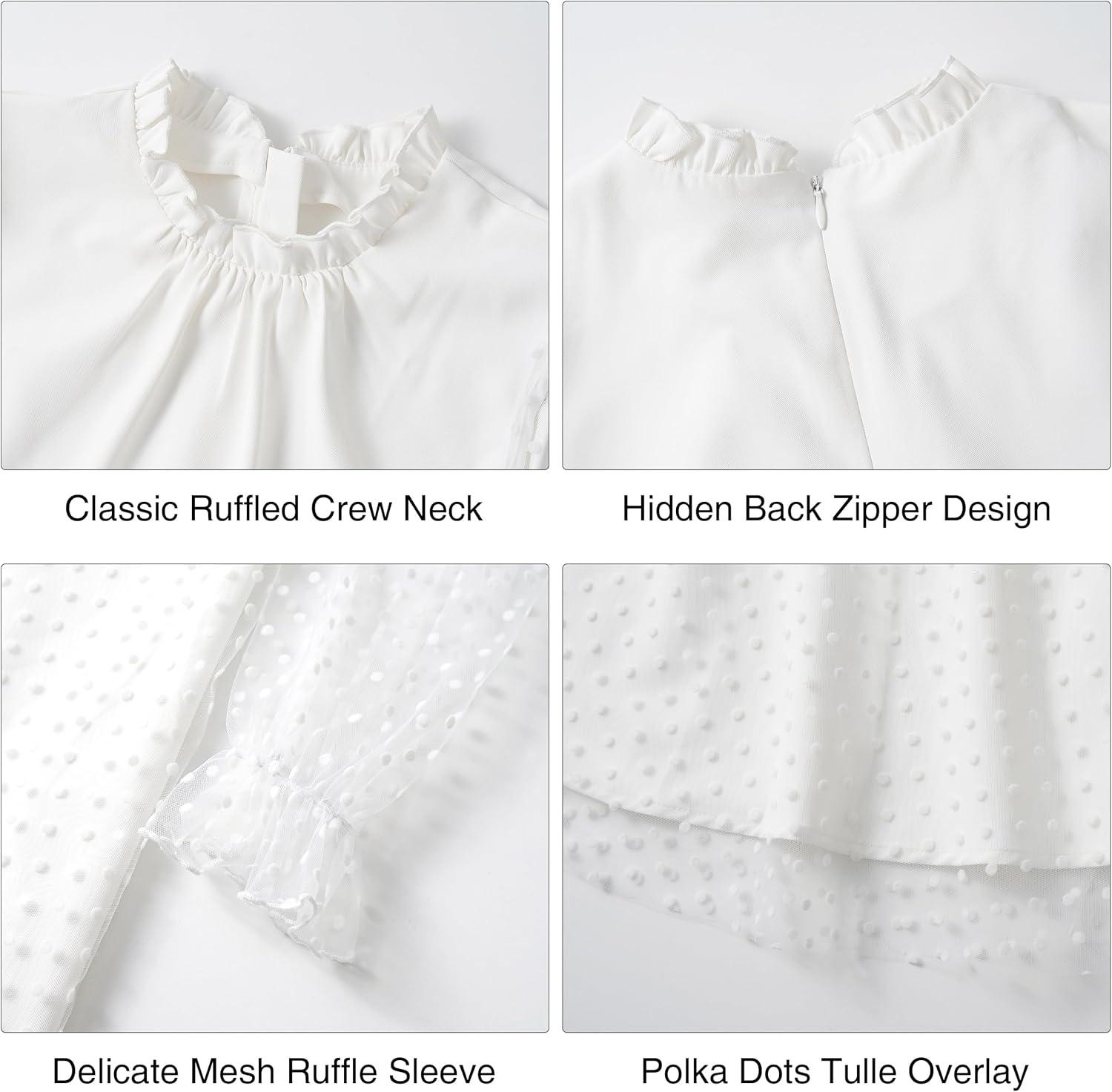 imageRolanko Girls Contrast Mesh Dress with Belt Puff Long Sleeve ALine Polka Dot Tulle Party DressesWhite