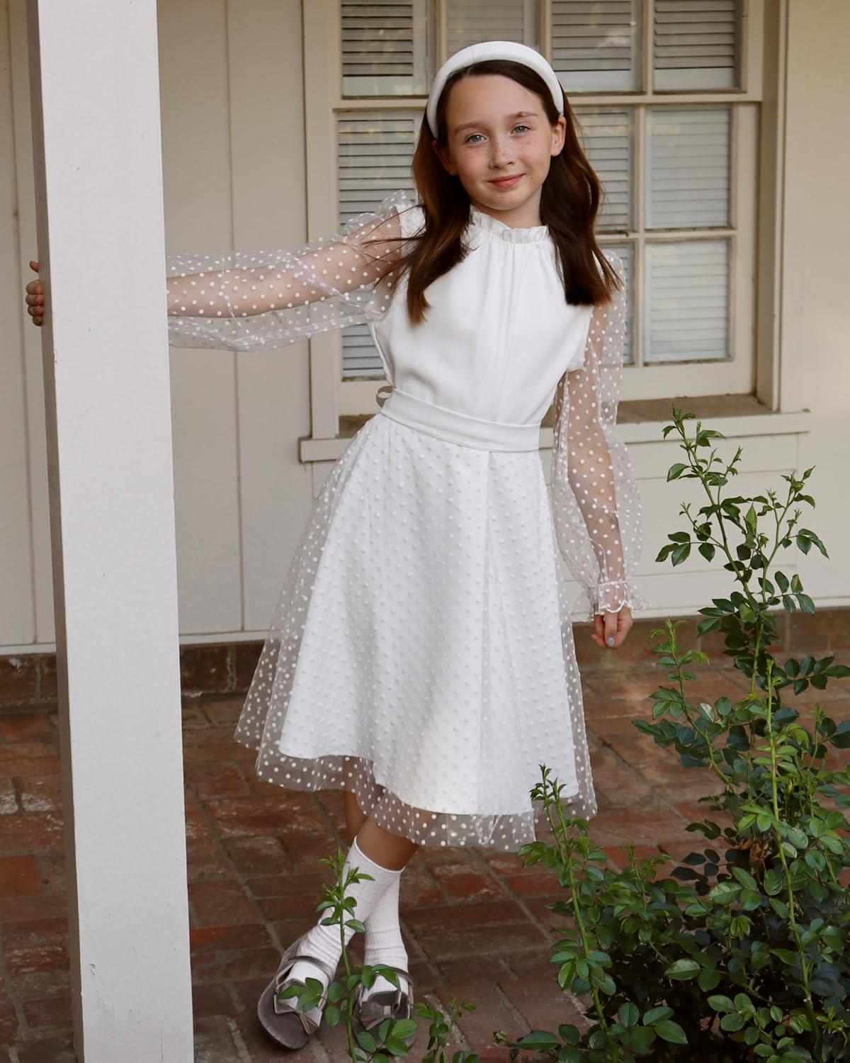 imageRolanko Girls Contrast Mesh Dress with Belt Puff Long Sleeve ALine Polka Dot Tulle Party DressesWhite