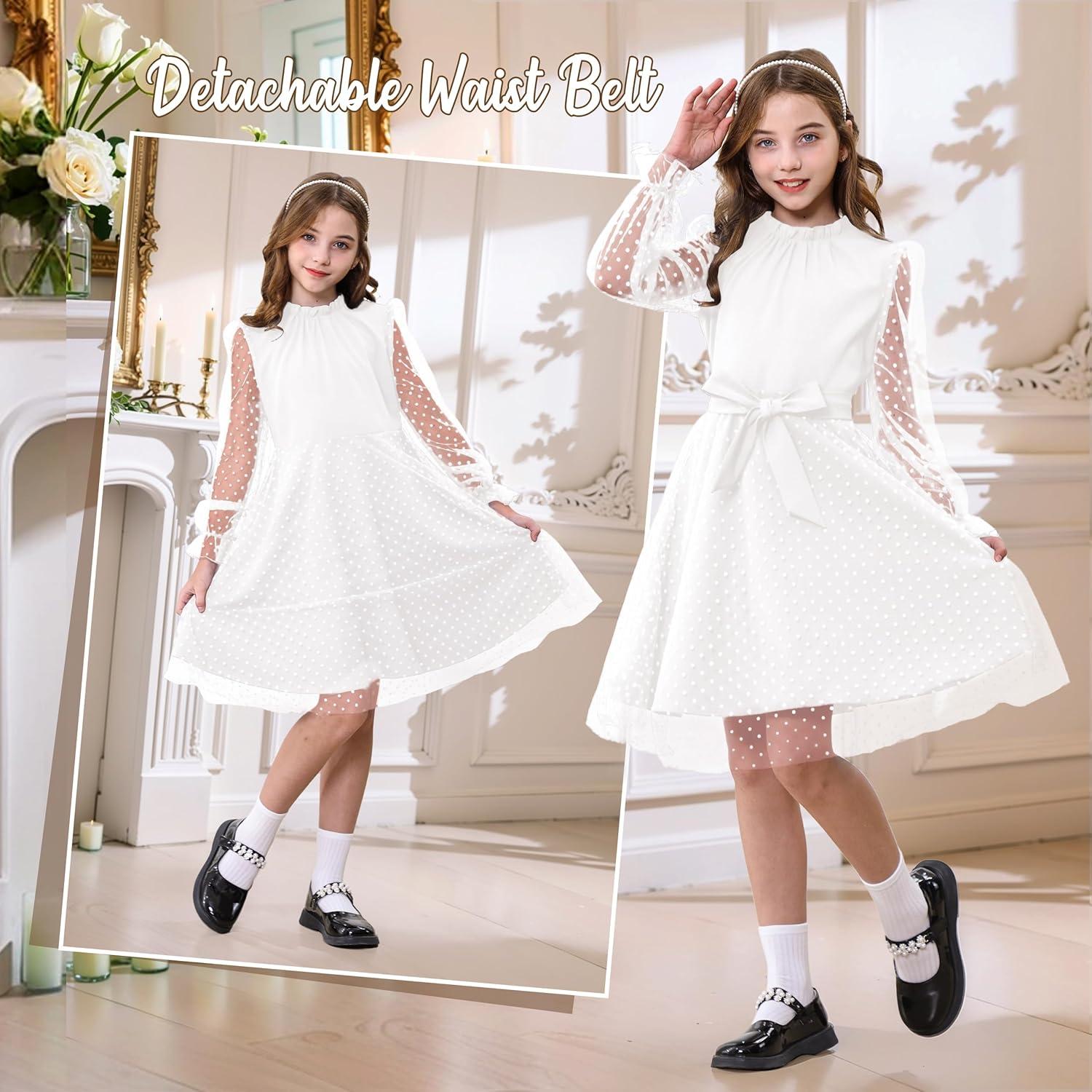 imageRolanko Girls Contrast Mesh Dress with Belt Puff Long Sleeve ALine Polka Dot Tulle Party DressesWhite