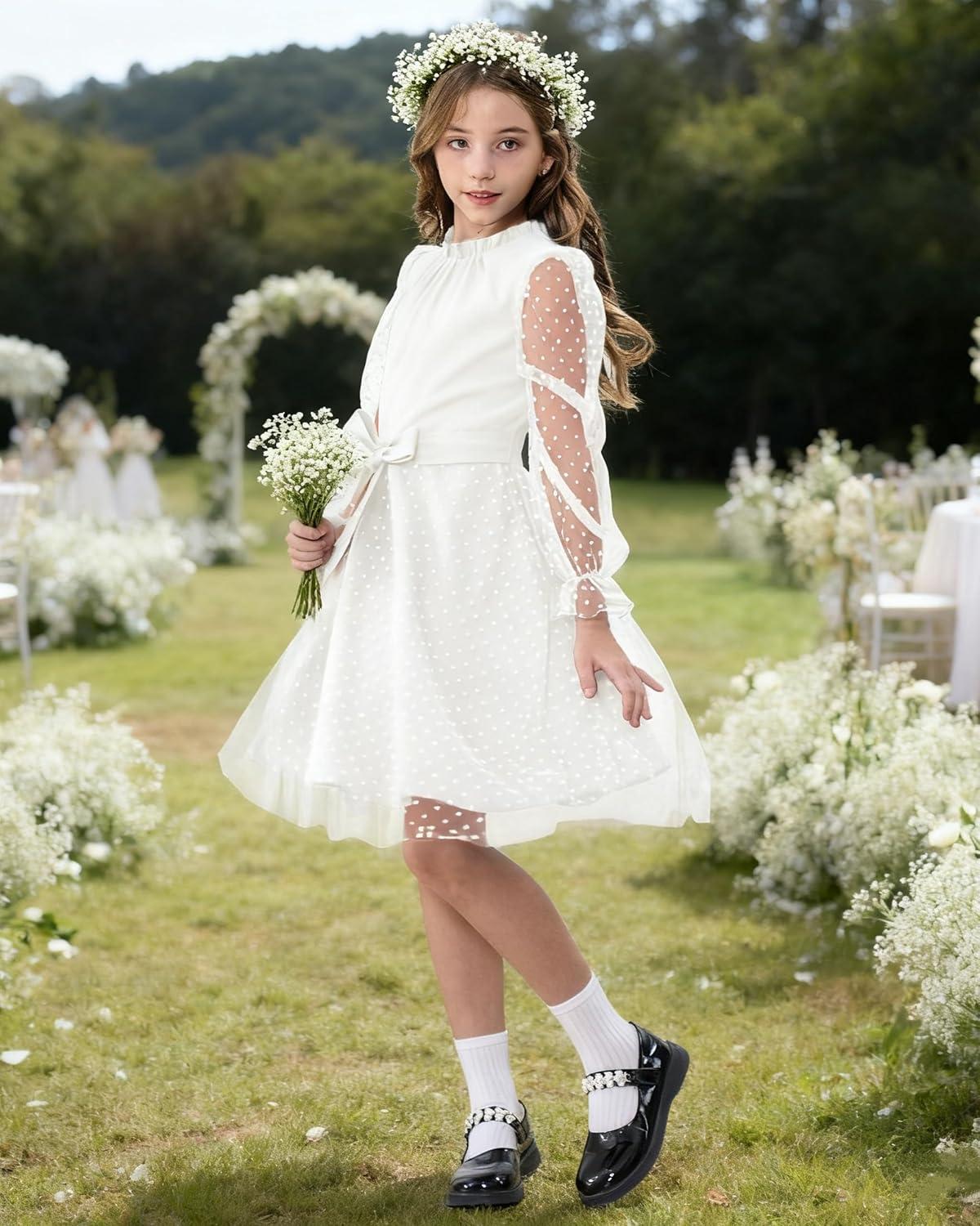 imageRolanko Girls Contrast Mesh Dress with Belt Puff Long Sleeve ALine Polka Dot Tulle Party DressesWhite