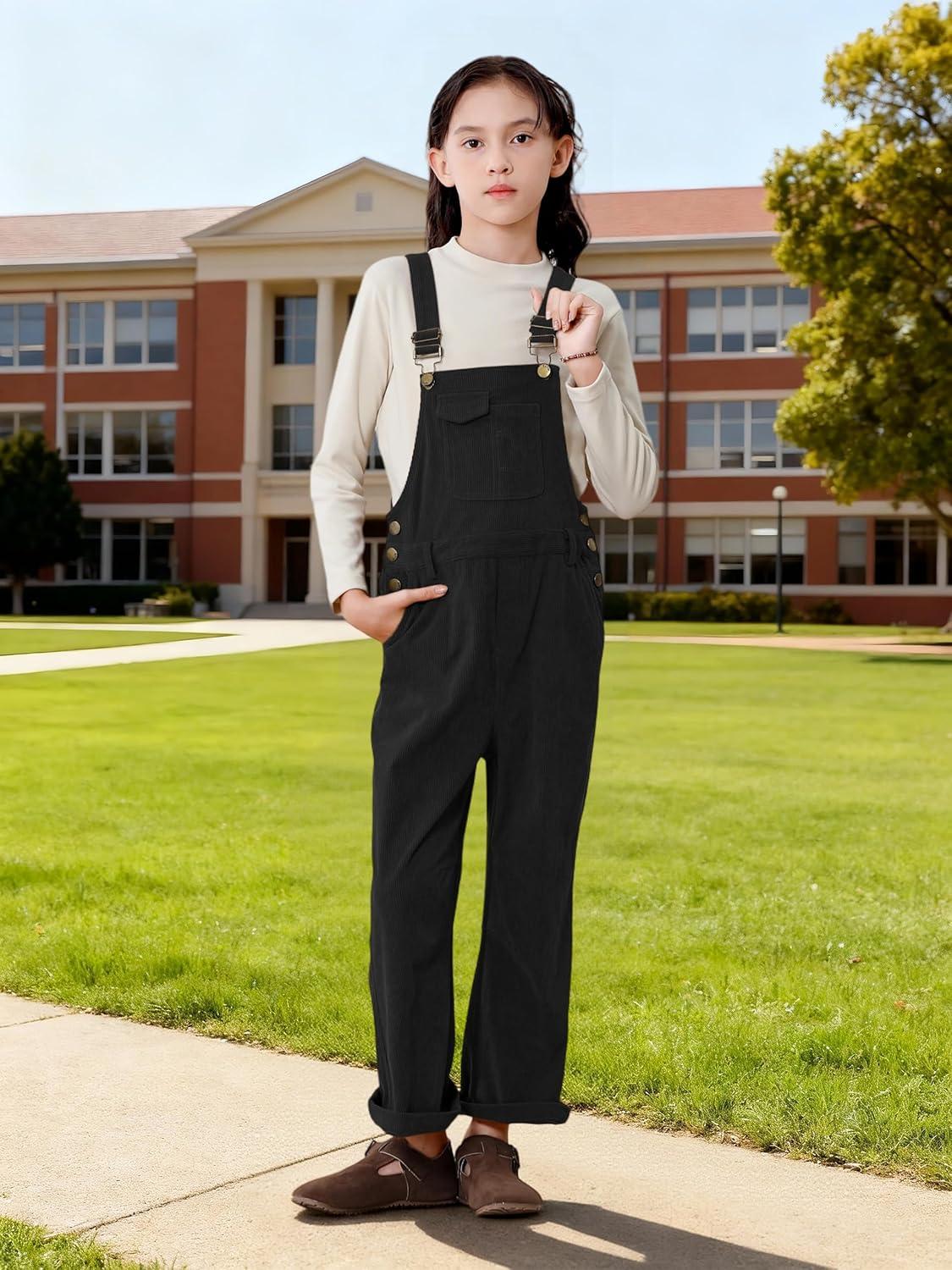 imageRolanko Girls Corduroy Overalls Adjustable Straps Jumpsuits with Pockets Vintage Wide leg Bib Pants for KidsBlack