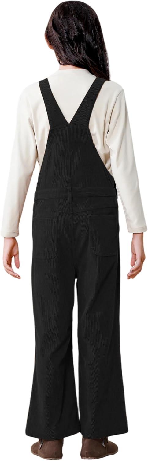 imageRolanko Girls Corduroy Overalls Adjustable Straps Jumpsuits with Pockets Vintage Wide leg Bib Pants for KidsBlack