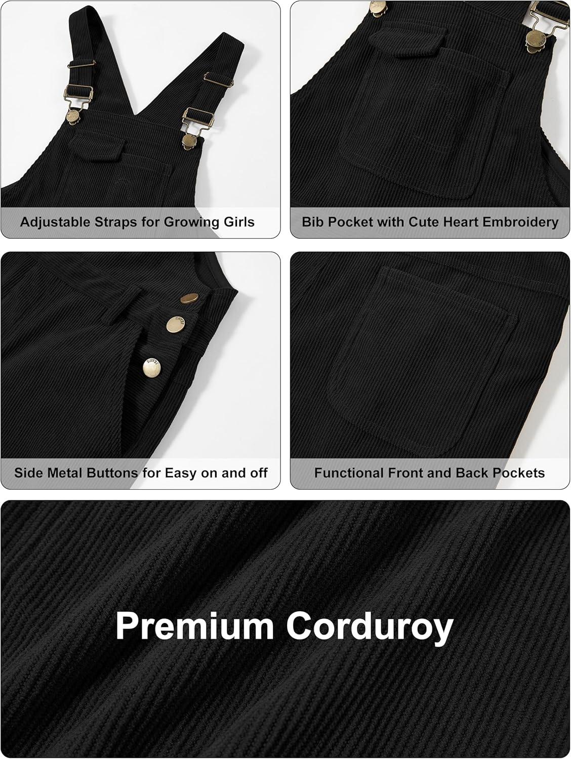 imageRolanko Girls Corduroy Overalls Adjustable Straps Jumpsuits with Pockets Vintage Wide leg Bib Pants for KidsBlack