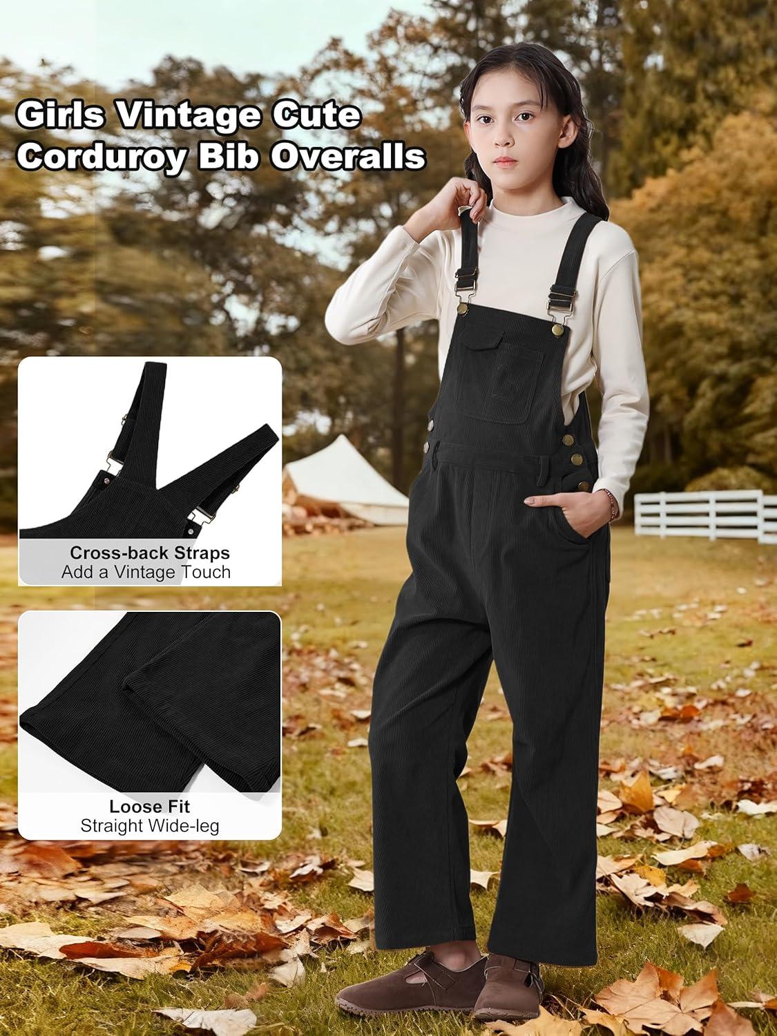 imageRolanko Girls Corduroy Overalls Adjustable Straps Jumpsuits with Pockets Vintage Wide leg Bib Pants for KidsBlack