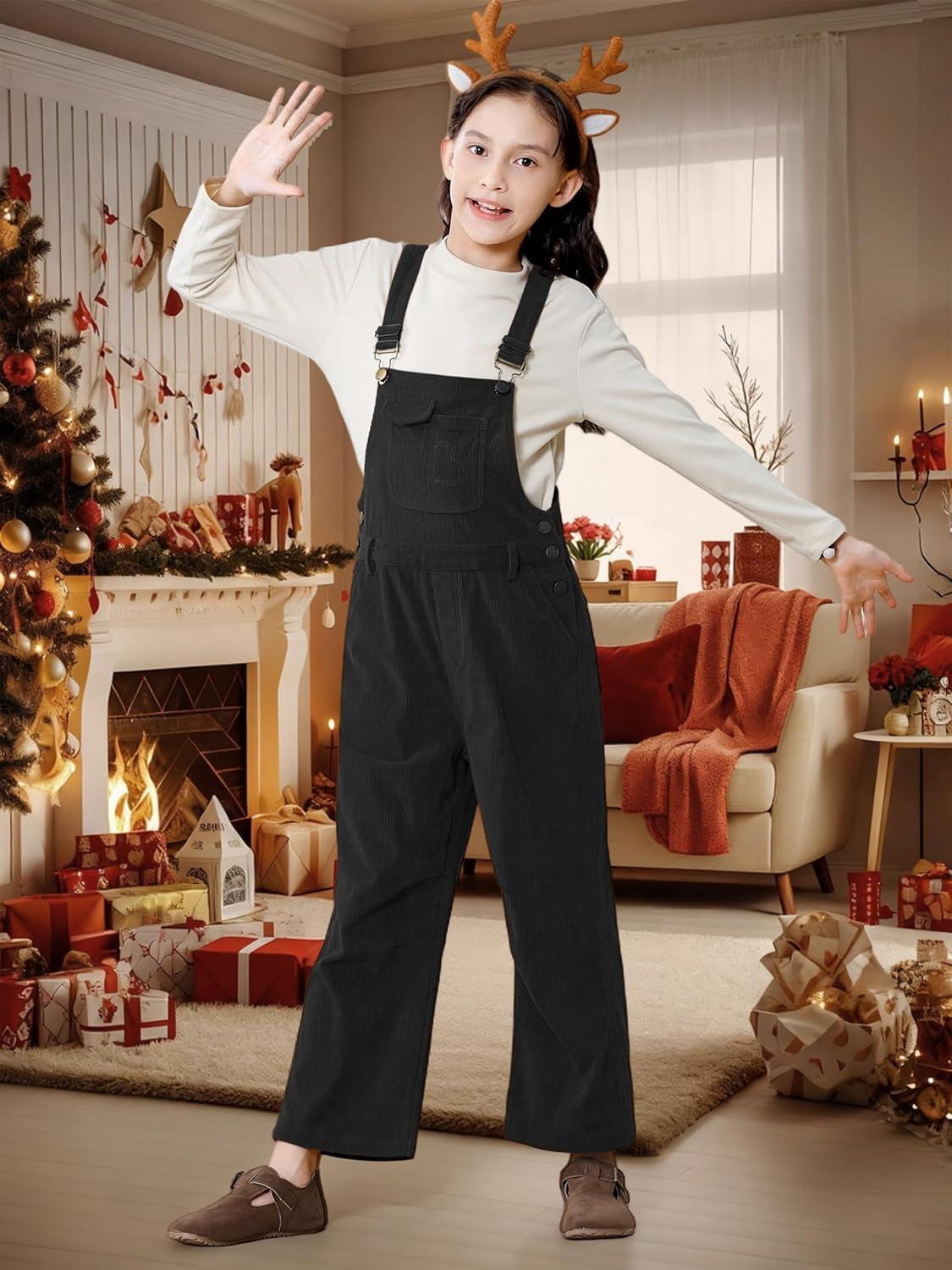 imageRolanko Girls Corduroy Overalls Adjustable Straps Jumpsuits with Pockets Vintage Wide leg Bib Pants for KidsBlack