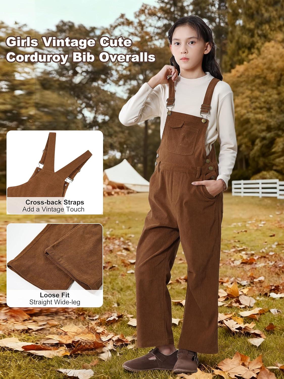 imageRolanko Girls Corduroy Overalls Adjustable Straps Jumpsuits with Pockets Vintage Wide leg Bib Pants for KidsBrown
