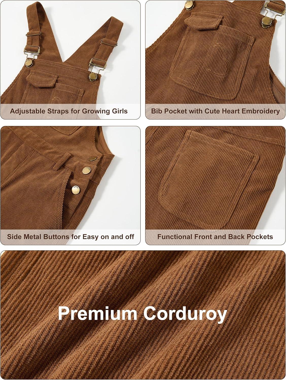 imageRolanko Girls Corduroy Overalls Adjustable Straps Jumpsuits with Pockets Vintage Wide leg Bib Pants for KidsBrown