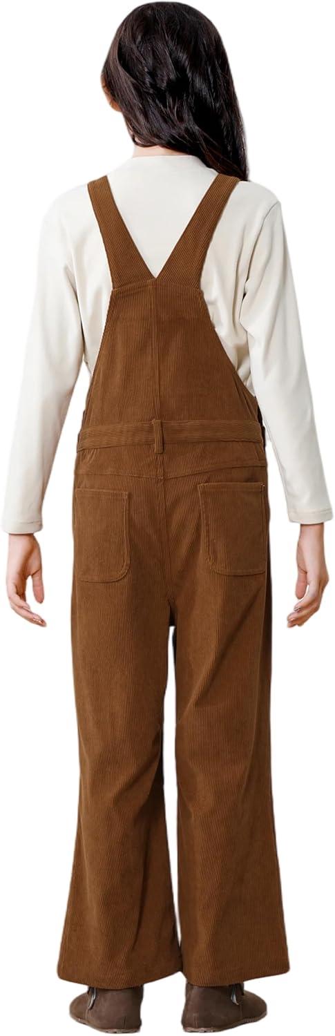 imageRolanko Girls Corduroy Overalls Adjustable Straps Jumpsuits with Pockets Vintage Wide leg Bib Pants for KidsBrown