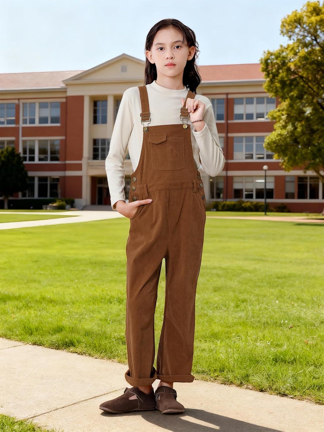 imageRolanko Girls Corduroy Overalls Adjustable Straps Jumpsuits with Pockets Vintage Wide leg Bib Pants for KidsBrown