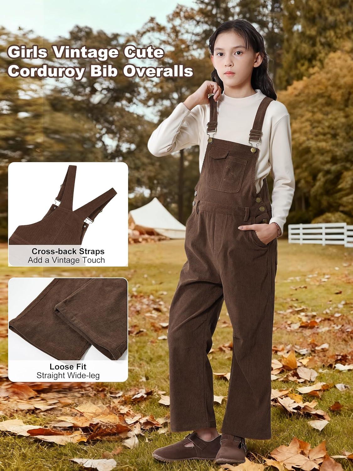 imageRolanko Girls Corduroy Overalls Adjustable Straps Jumpsuits with Pockets Vintage Wide leg Bib Pants for KidsCoffee
