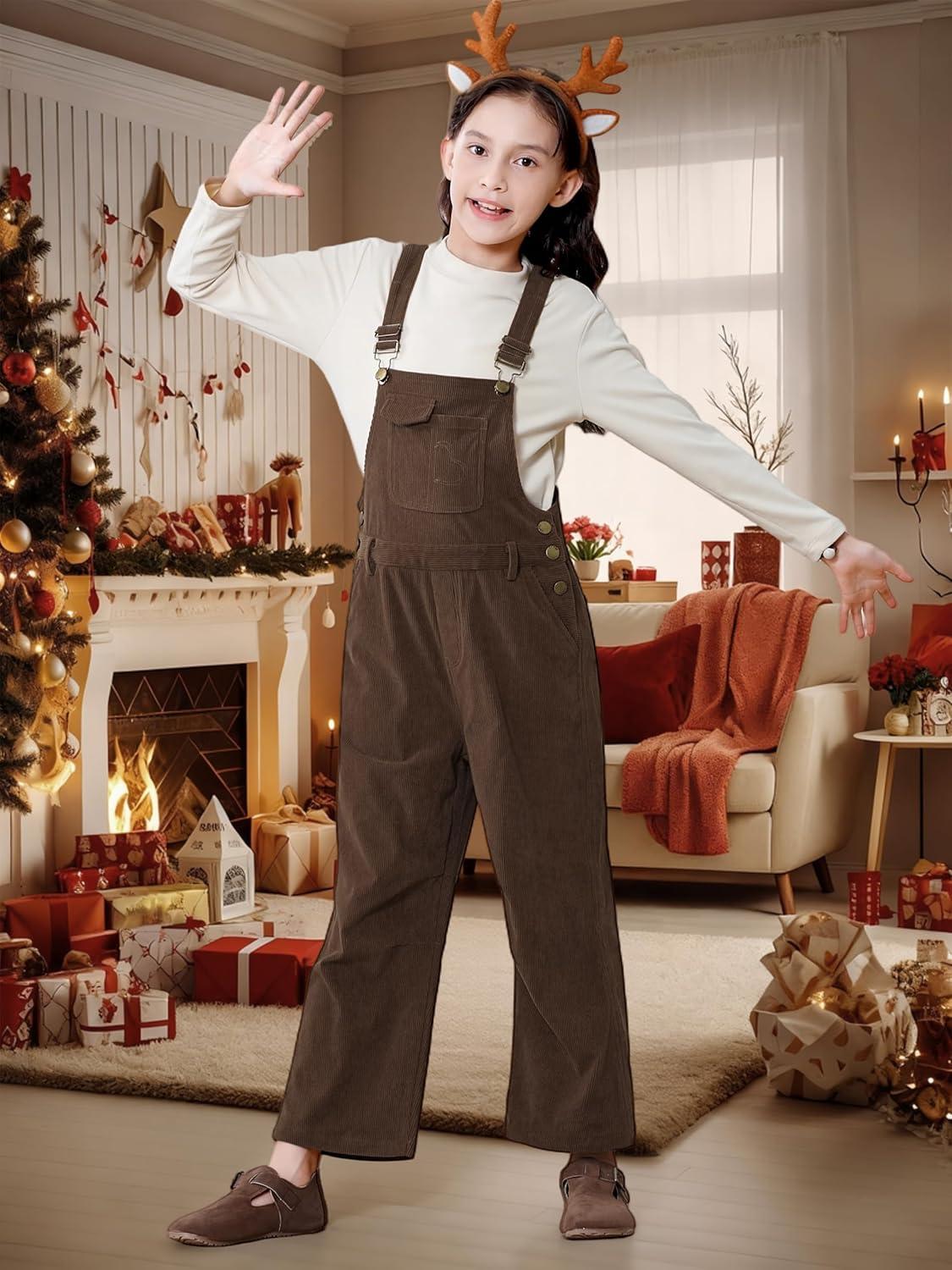 imageRolanko Girls Corduroy Overalls Adjustable Straps Jumpsuits with Pockets Vintage Wide leg Bib Pants for KidsCoffee