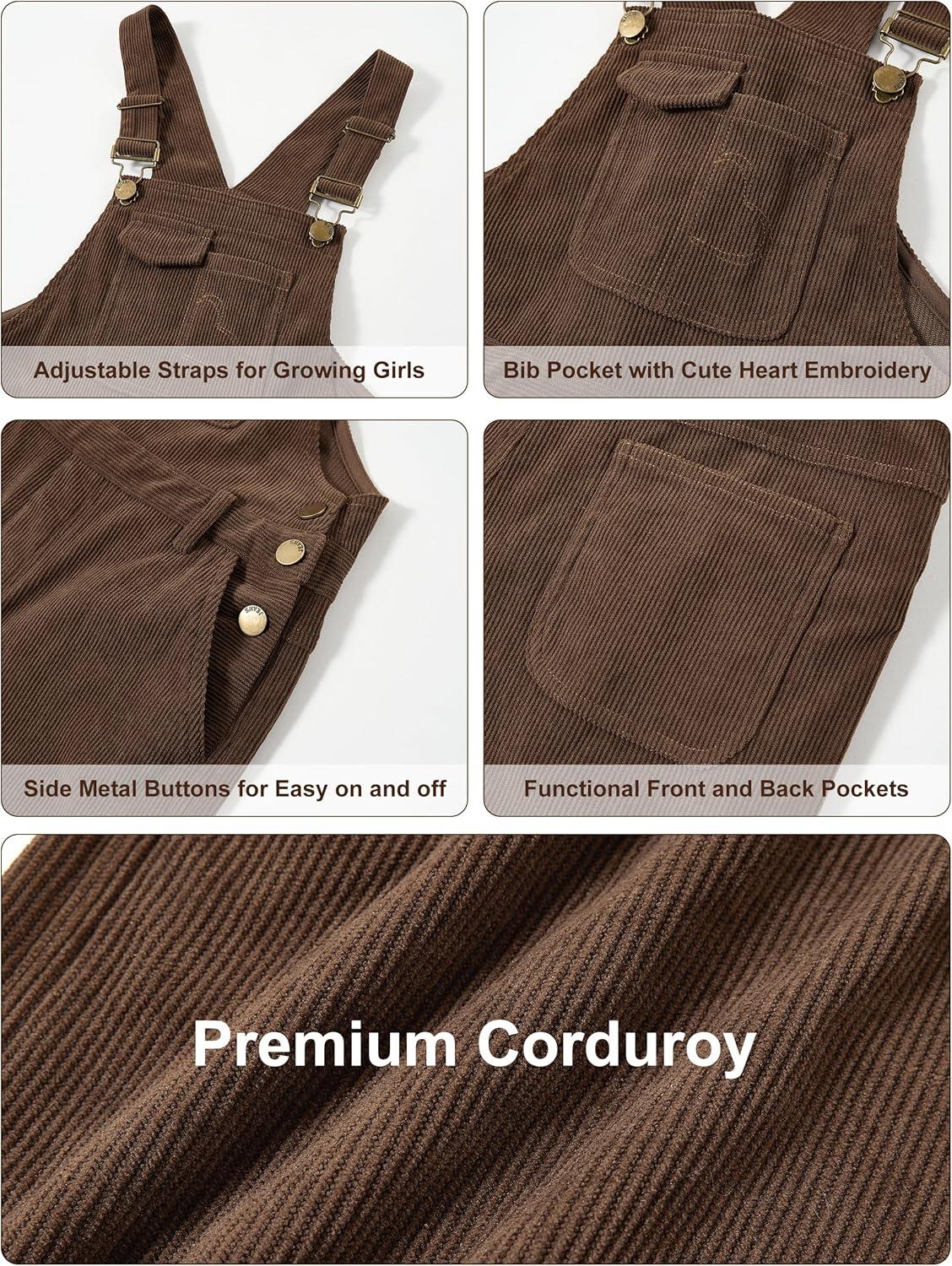 imageRolanko Girls Corduroy Overalls Adjustable Straps Jumpsuits with Pockets Vintage Wide leg Bib Pants for KidsCoffee
