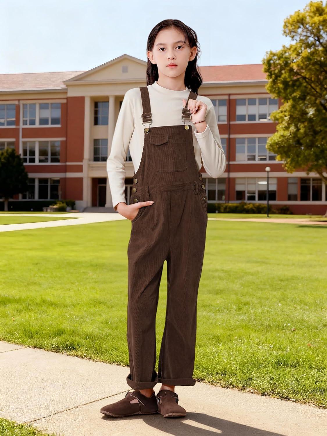 imageRolanko Girls Corduroy Overalls Adjustable Straps Jumpsuits with Pockets Vintage Wide leg Bib Pants for KidsCoffee