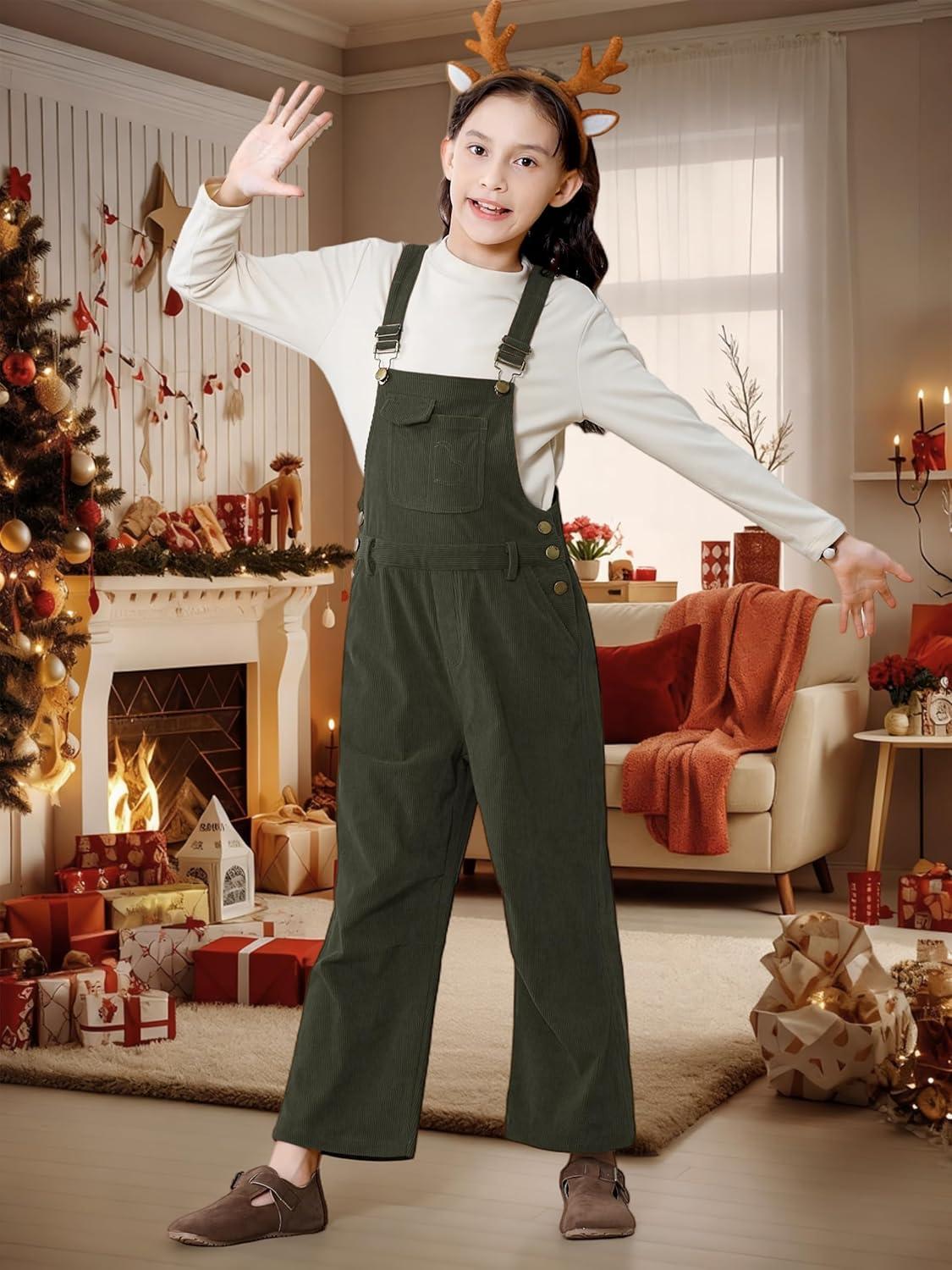 imageRolanko Girls Corduroy Overalls Adjustable Straps Jumpsuits with Pockets Vintage Wide leg Bib Pants for KidsOlivegreen