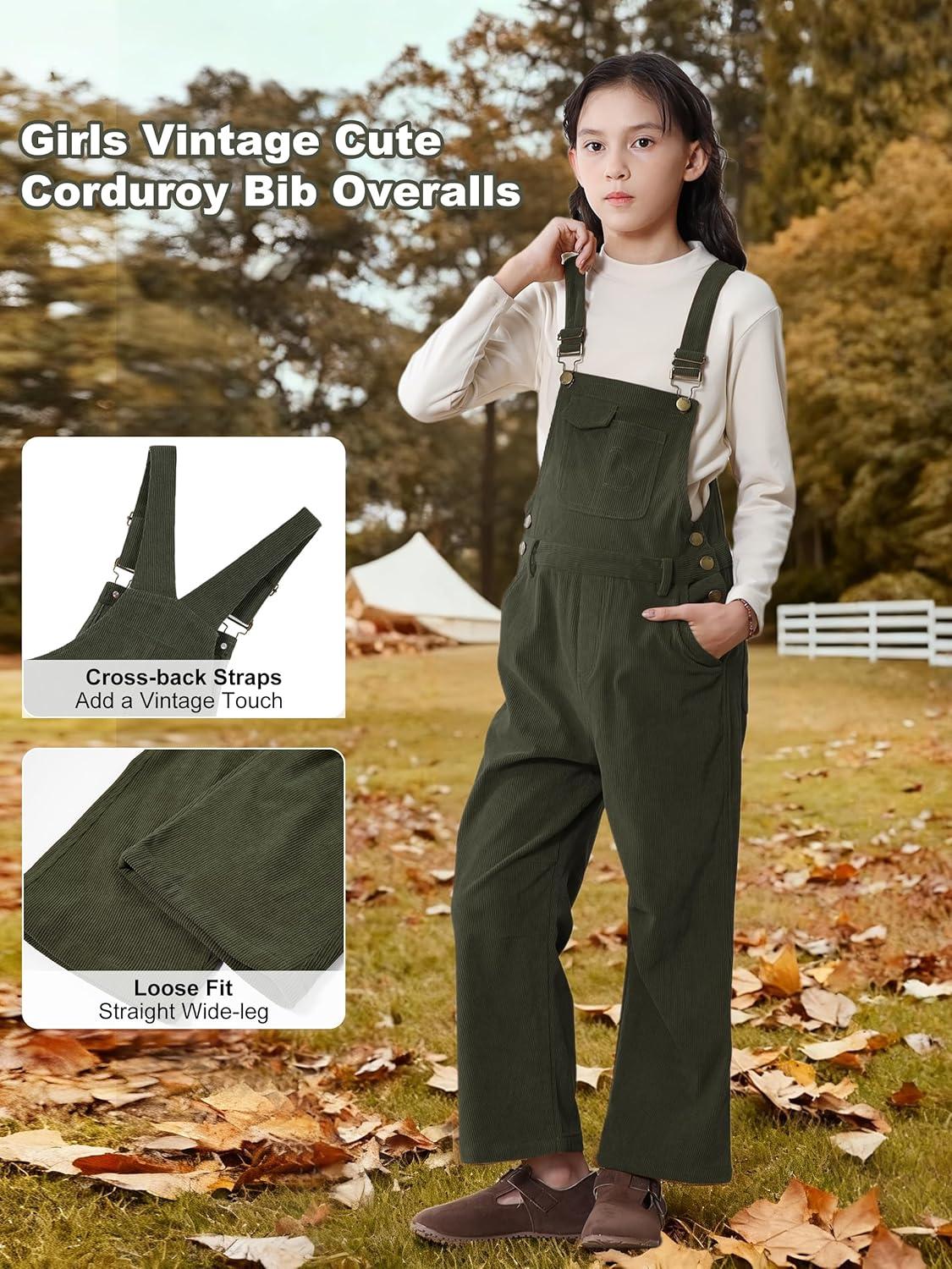 imageRolanko Girls Corduroy Overalls Adjustable Straps Jumpsuits with Pockets Vintage Wide leg Bib Pants for KidsOlivegreen