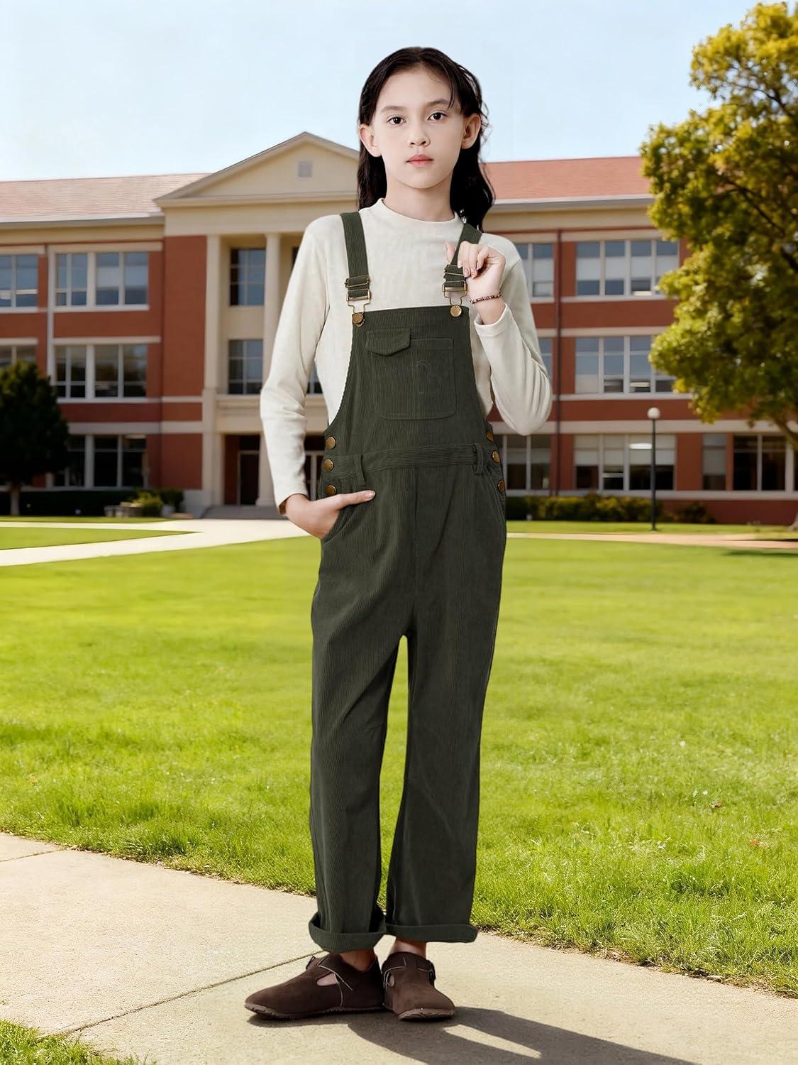 imageRolanko Girls Corduroy Overalls Adjustable Straps Jumpsuits with Pockets Vintage Wide leg Bib Pants for KidsOlivegreen