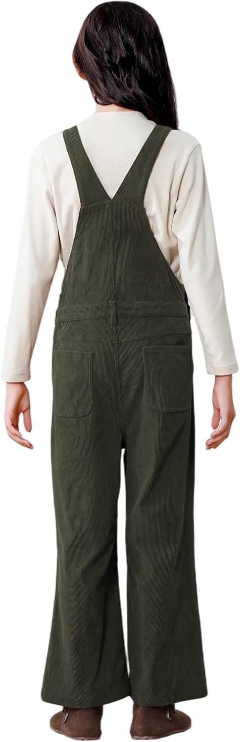 imageRolanko Girls Corduroy Overalls Adjustable Straps Jumpsuits with Pockets Vintage Wide leg Bib Pants for KidsOlivegreen