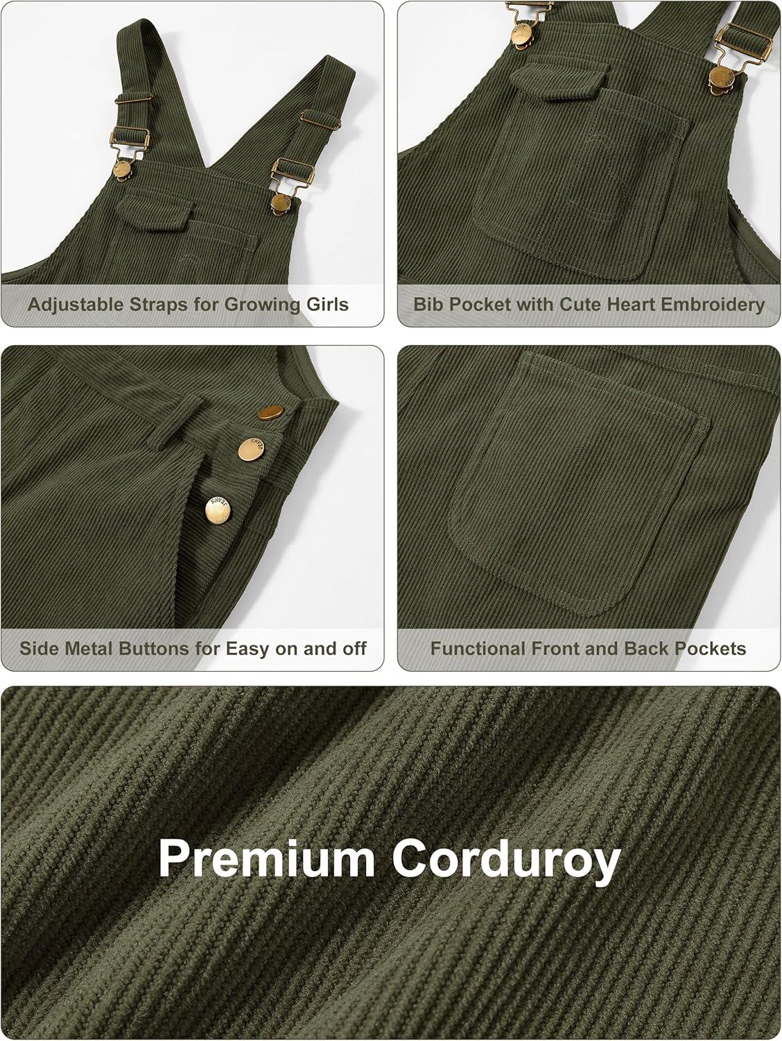 imageRolanko Girls Corduroy Overalls Adjustable Straps Jumpsuits with Pockets Vintage Wide leg Bib Pants for KidsOlivegreen