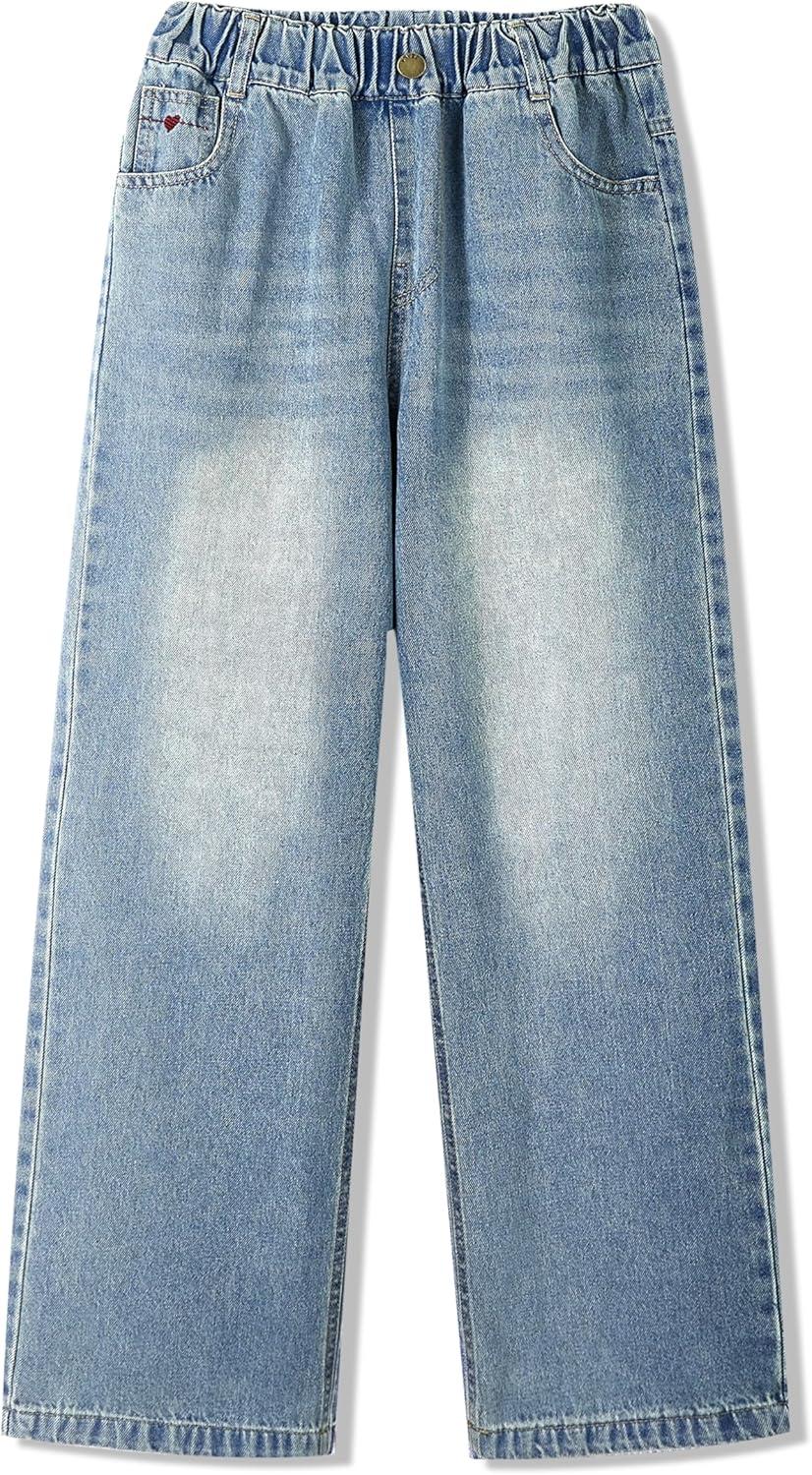 imageRolanko Girls Jeans Denim Elastic Wasit Wide Leg Baggy Pants Kids Clothes 414 YearsBackpocketheart