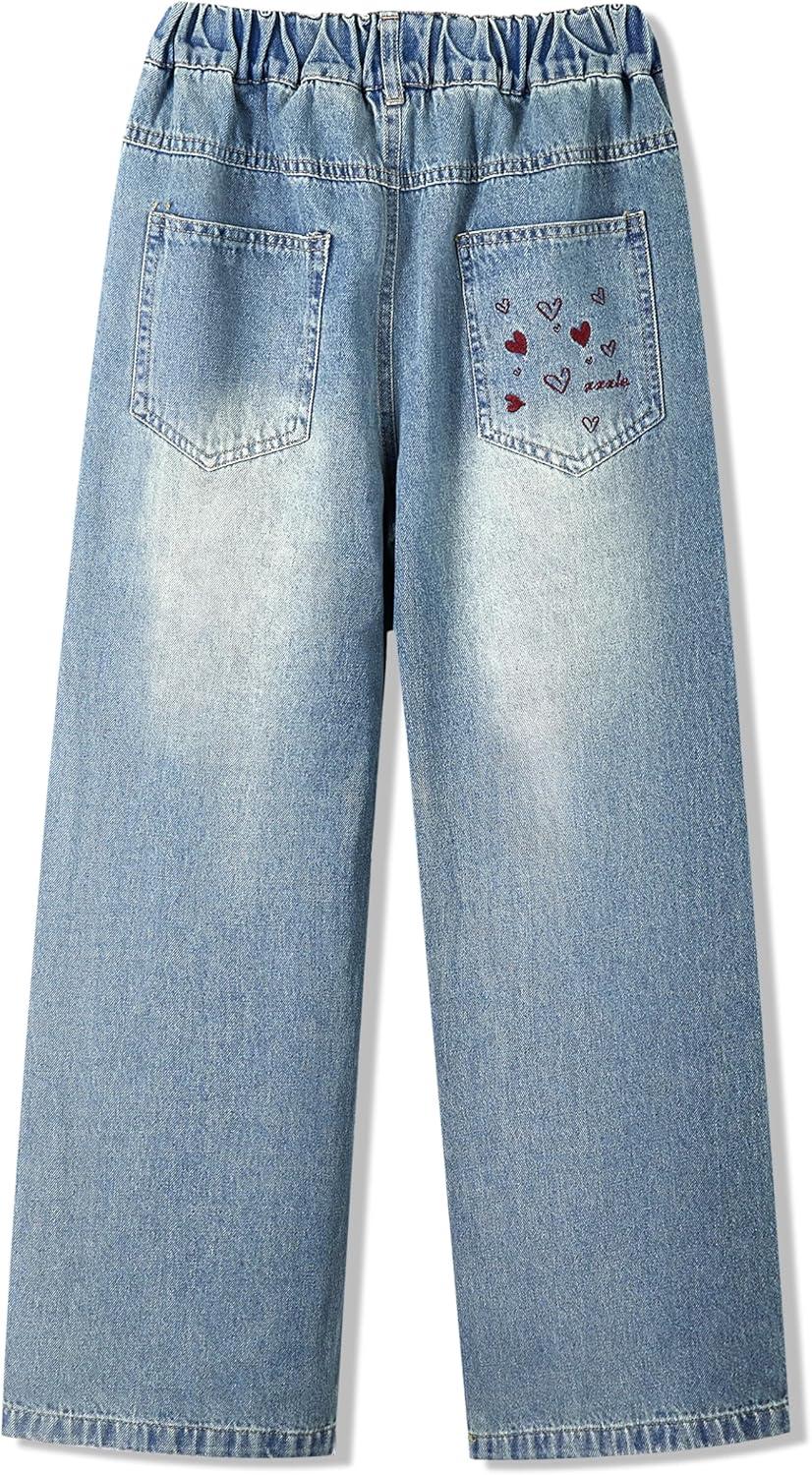 imageRolanko Girls Jeans Denim Elastic Wasit Wide Leg Baggy Pants Kids Clothes 414 YearsBackpocketheart